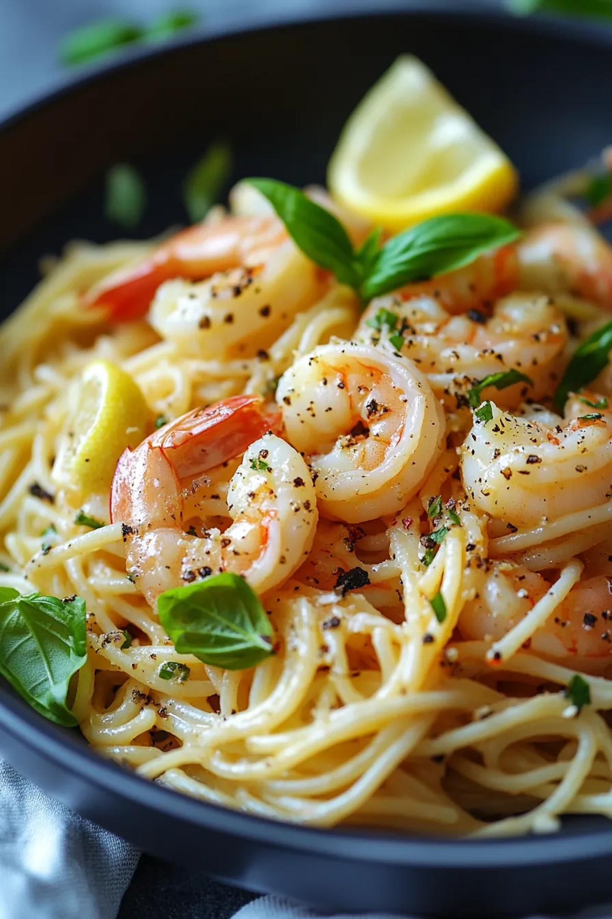 One pot shrimp scampi pasta with vibrant green peas and fresh basil, garnished with lemon zest. card