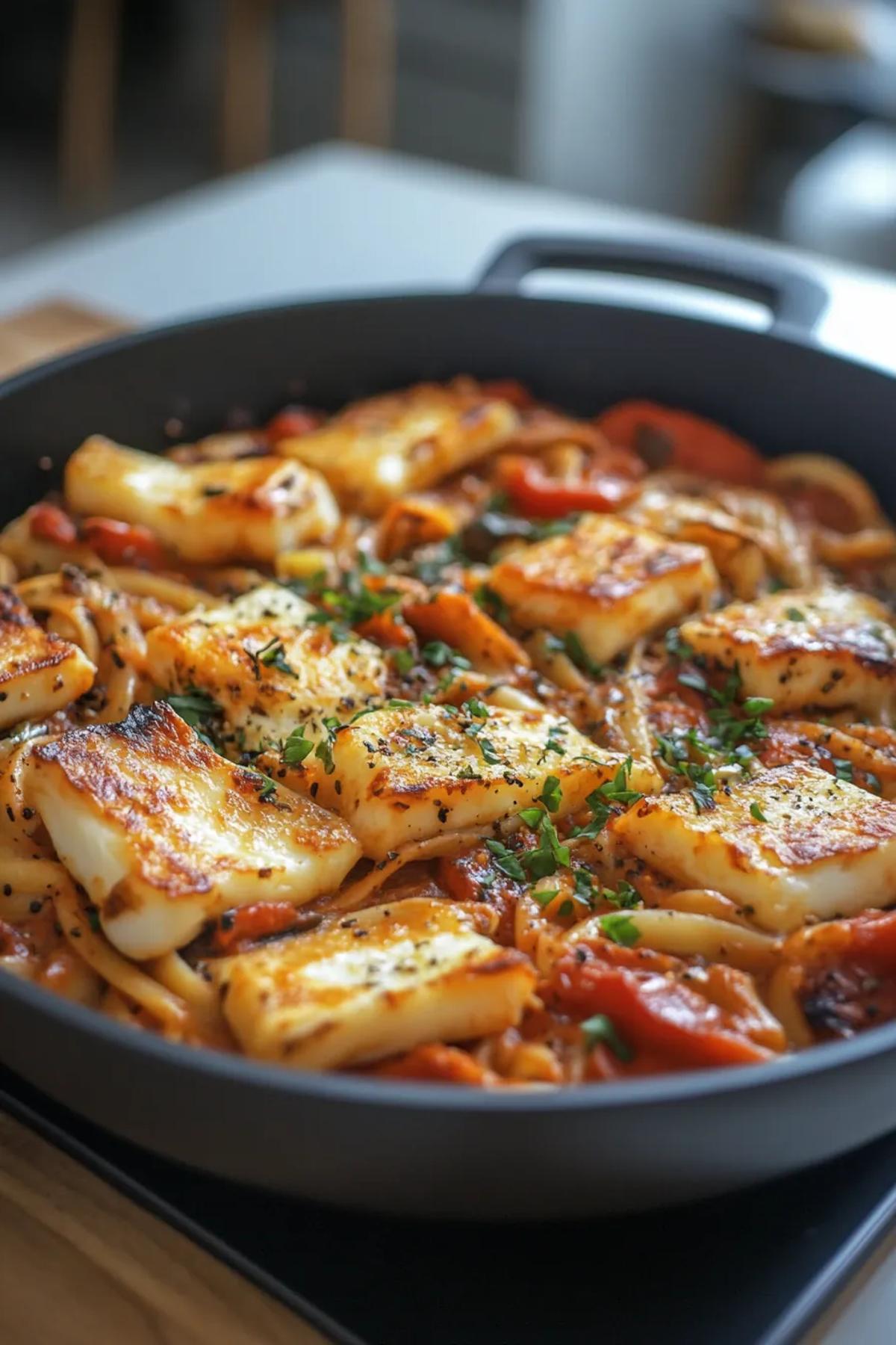 A vibrant dish of one pot smoky halloumi pasta, featuring golden brown halloumi cubes, ribbons of pasta, and a rich, smoky tomato sauce garnished with fresh basil. card