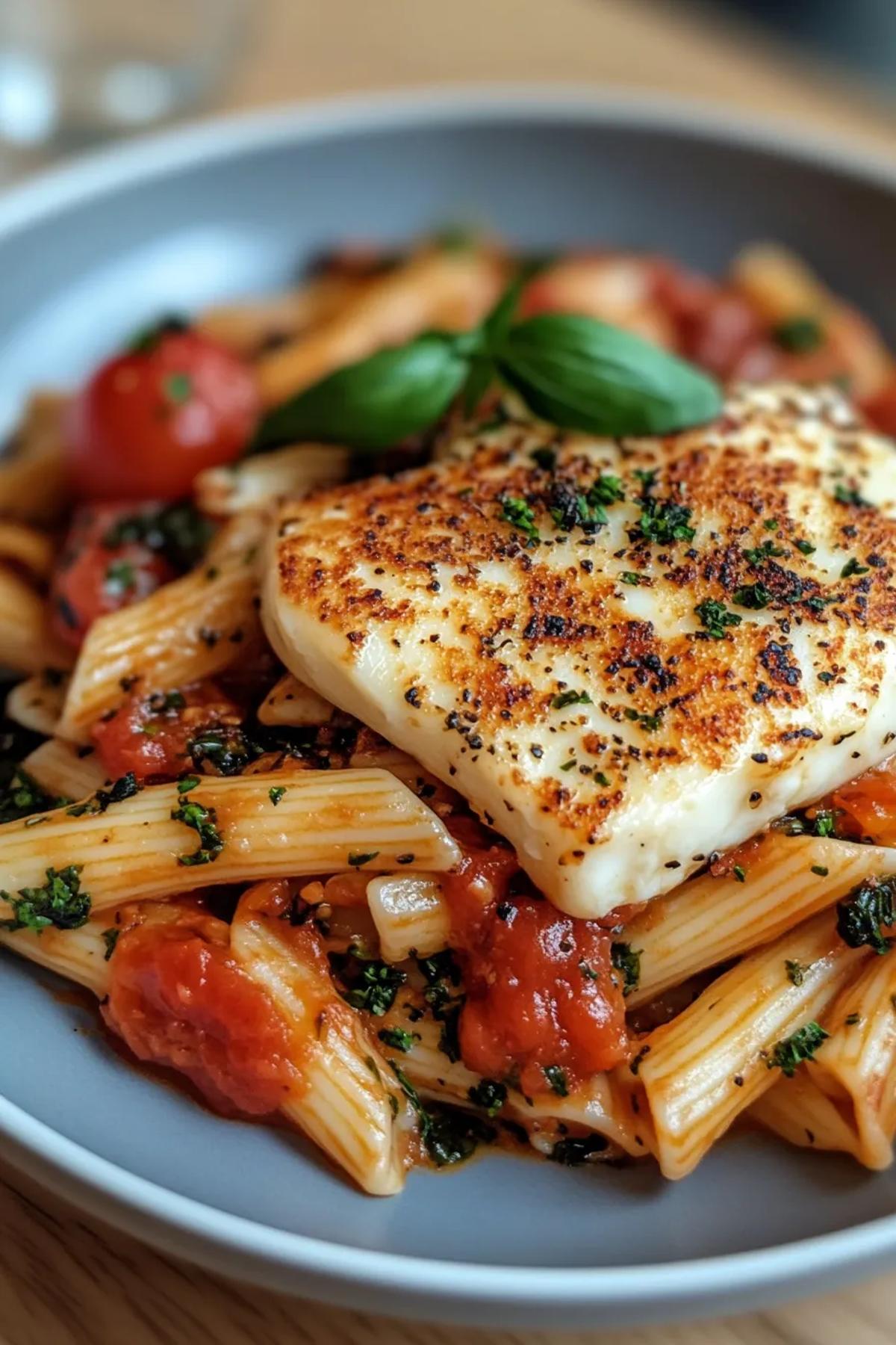 A vibrant dish of one pot smoky halloumi pasta, featuring golden brown halloumi cubes, ribbons of pasta, and a rich, smoky tomato sauce garnished with fresh basil.