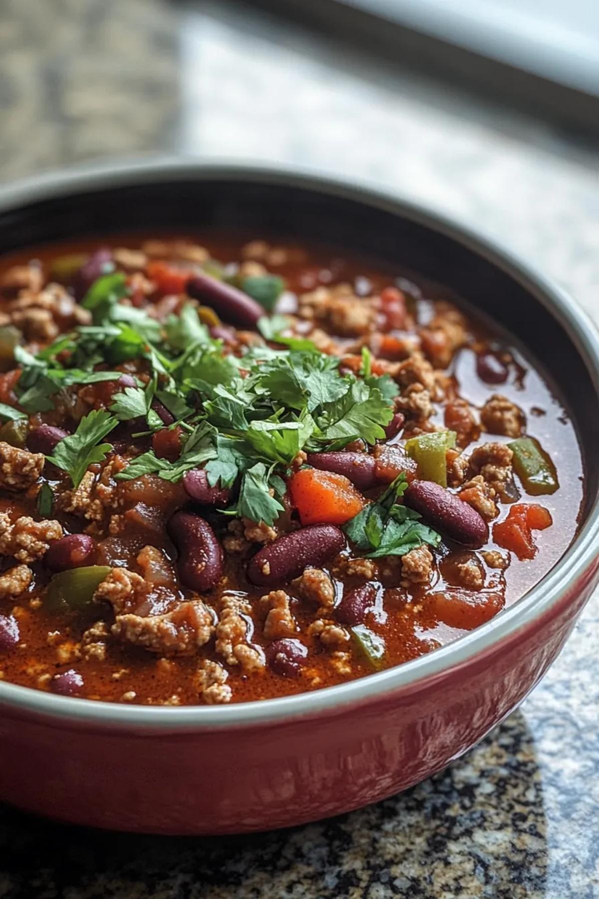 A steaming bowl of turkey chili garnished with fresh cilantro and avocado slices. card