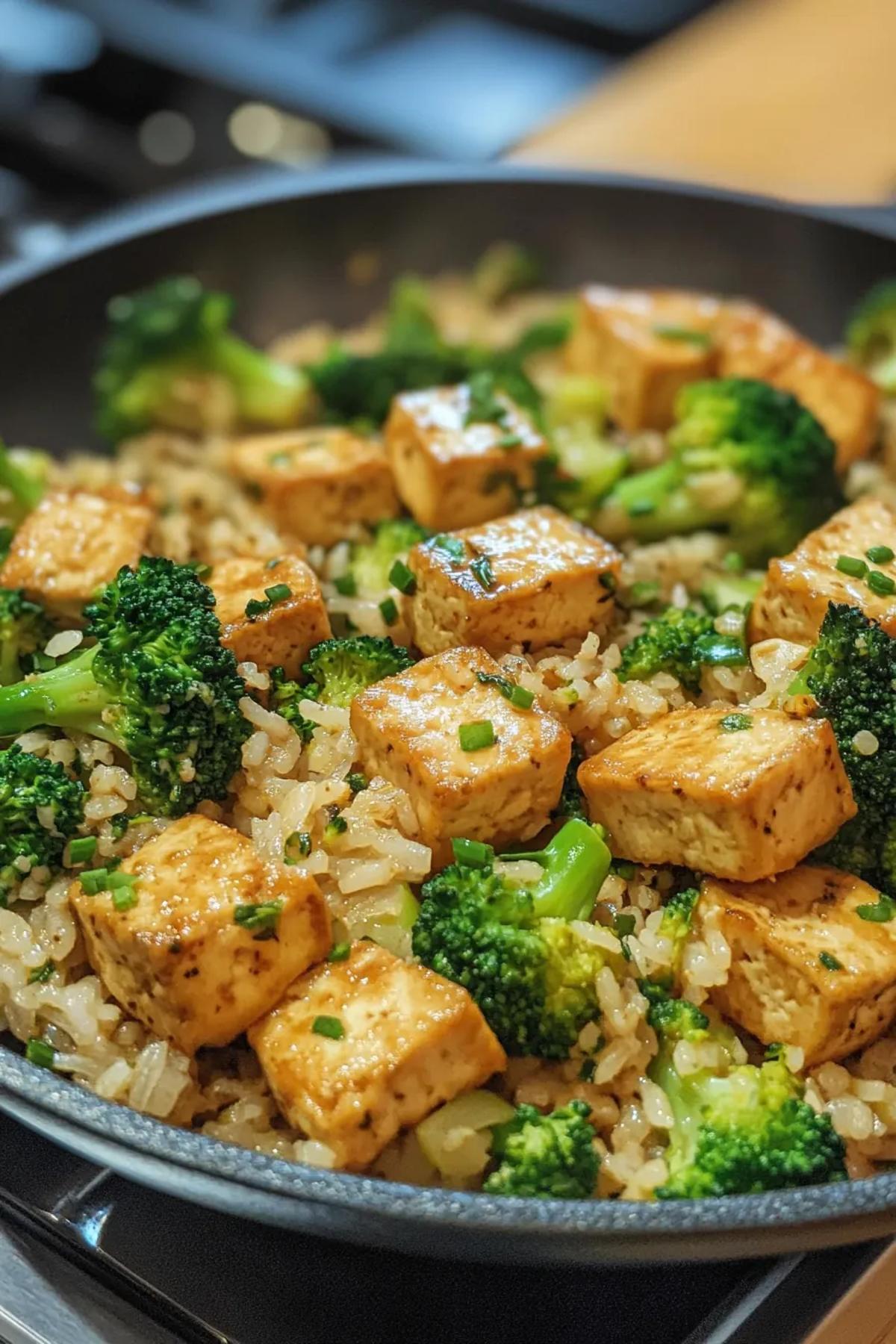 A vibrant dish of one pot tofu and broccoli rice garnished with fresh herbs. card