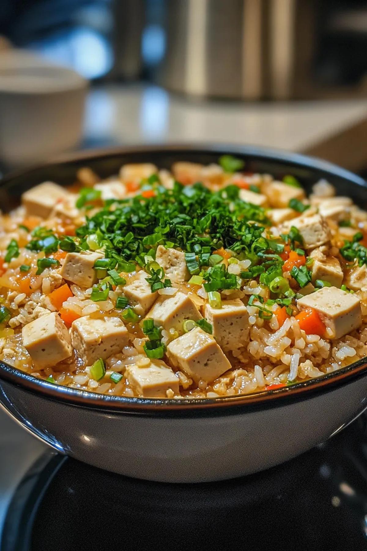 Crispy tofu and vibrant vegetables mixed with rice, all in a rice cooker. card