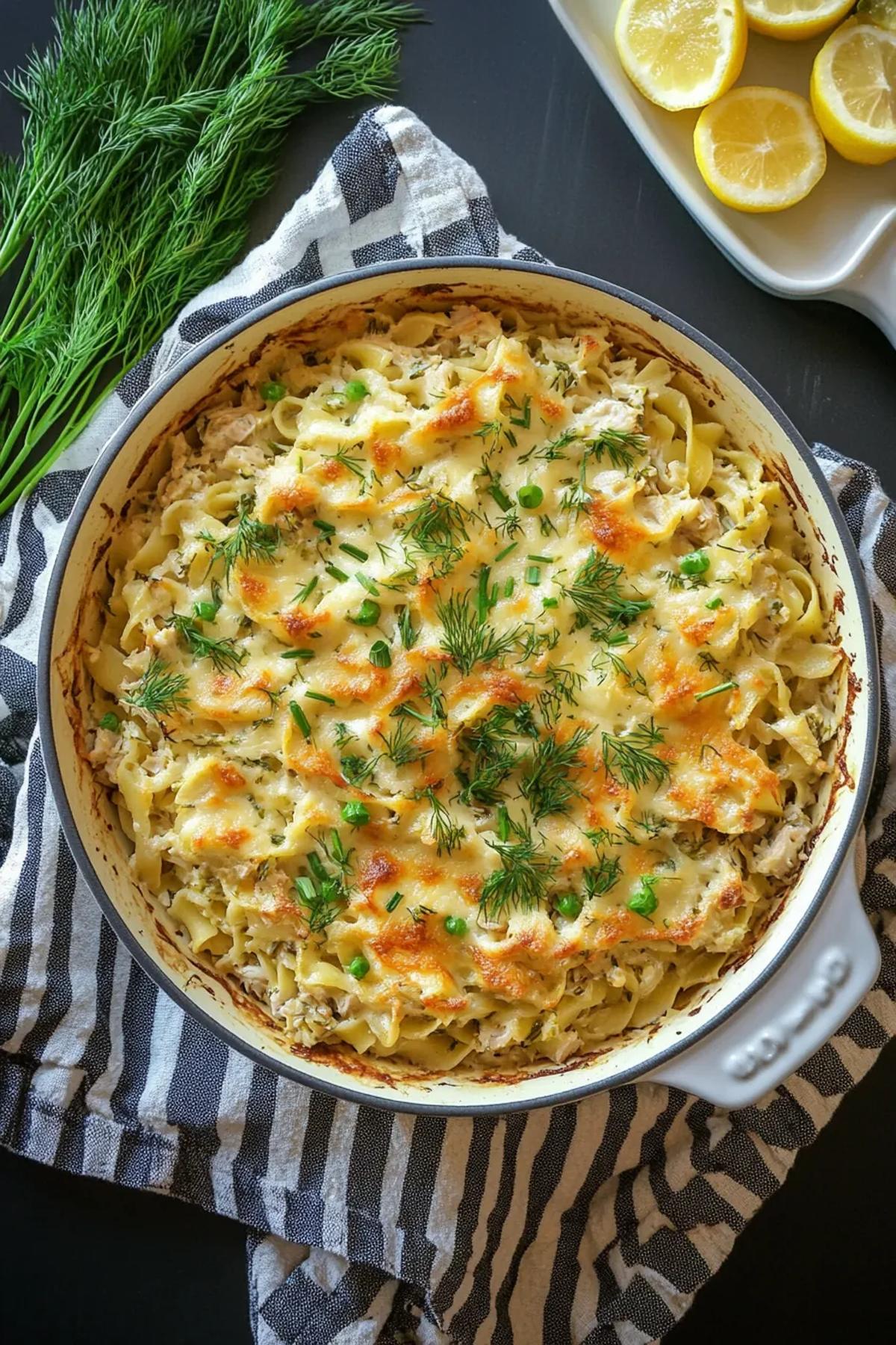 A comforting one pot tuna noodle casserole with lemon and dill, served in a rustic pan. card