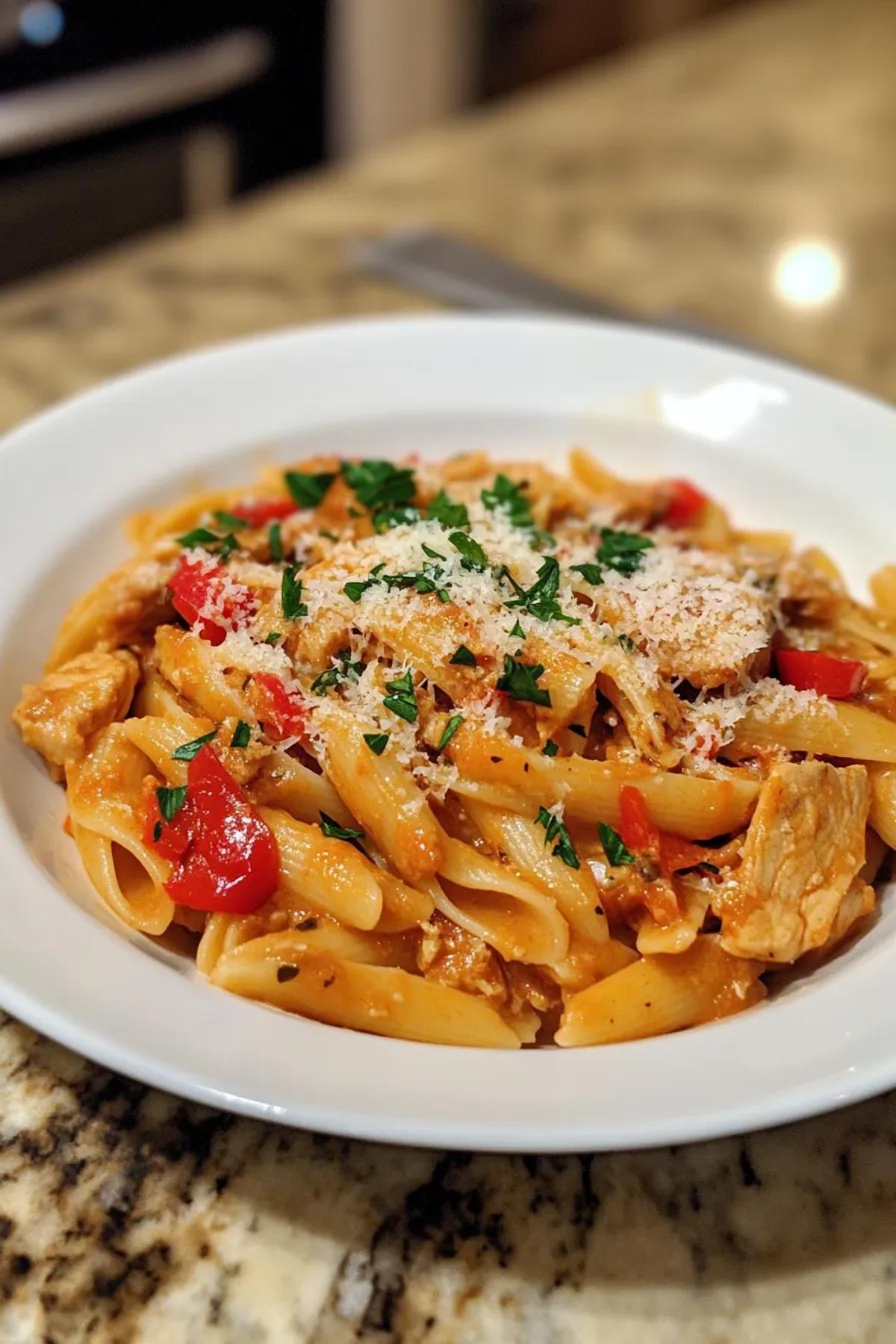 Creamy one-pot turkey pasta with roasted red peppers and basil in a rustic pot. card