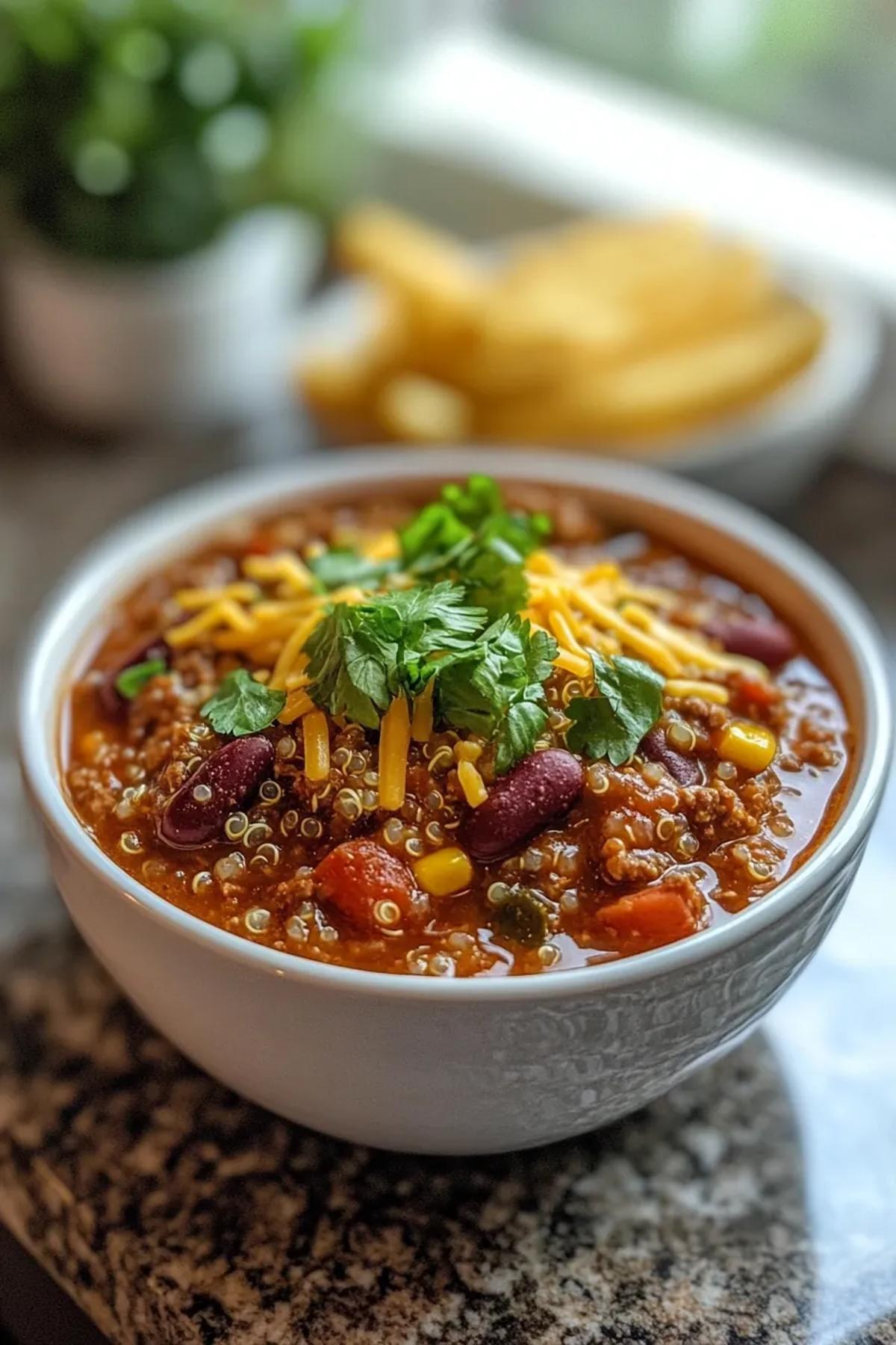 A vibrant bowl of turkey and quinoa chili topped with cilantro and a dollop of sour cream. card