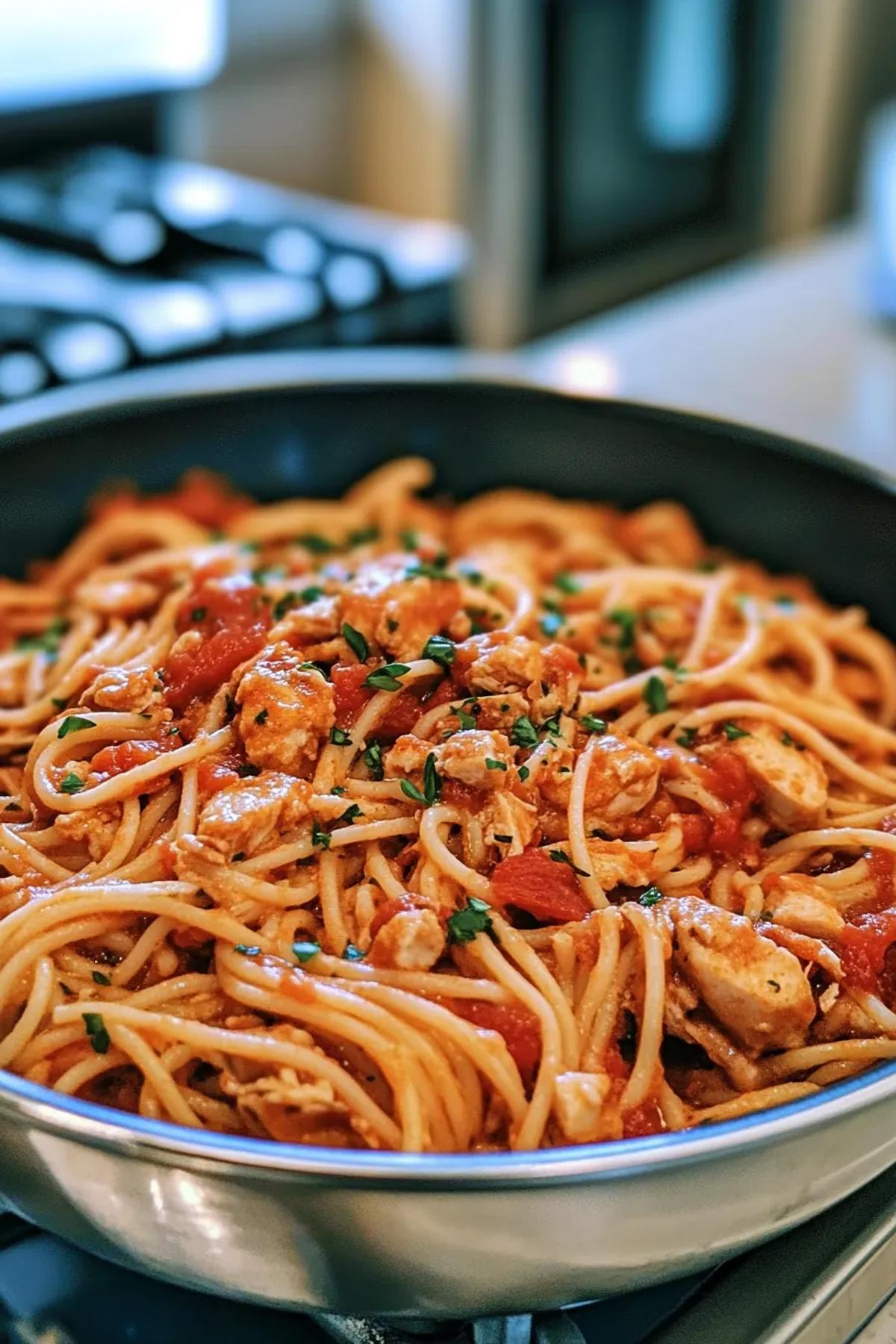 One-pot turkey spaghetti with a surprise ingredient, served hot in a rustic pot. card