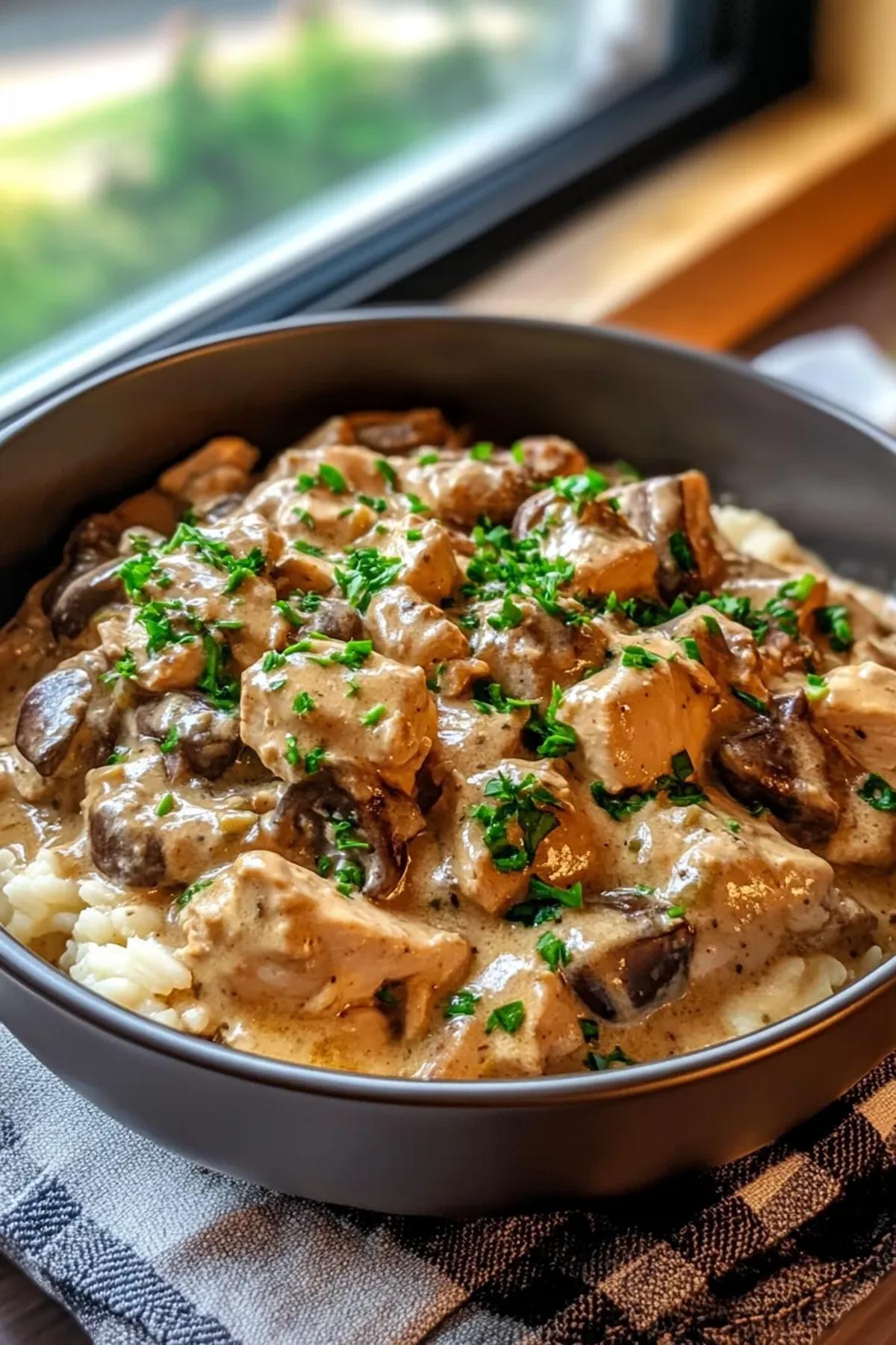 A steaming bowl of One Pot Turkey Stroganoff garnished with fresh parsley. card
