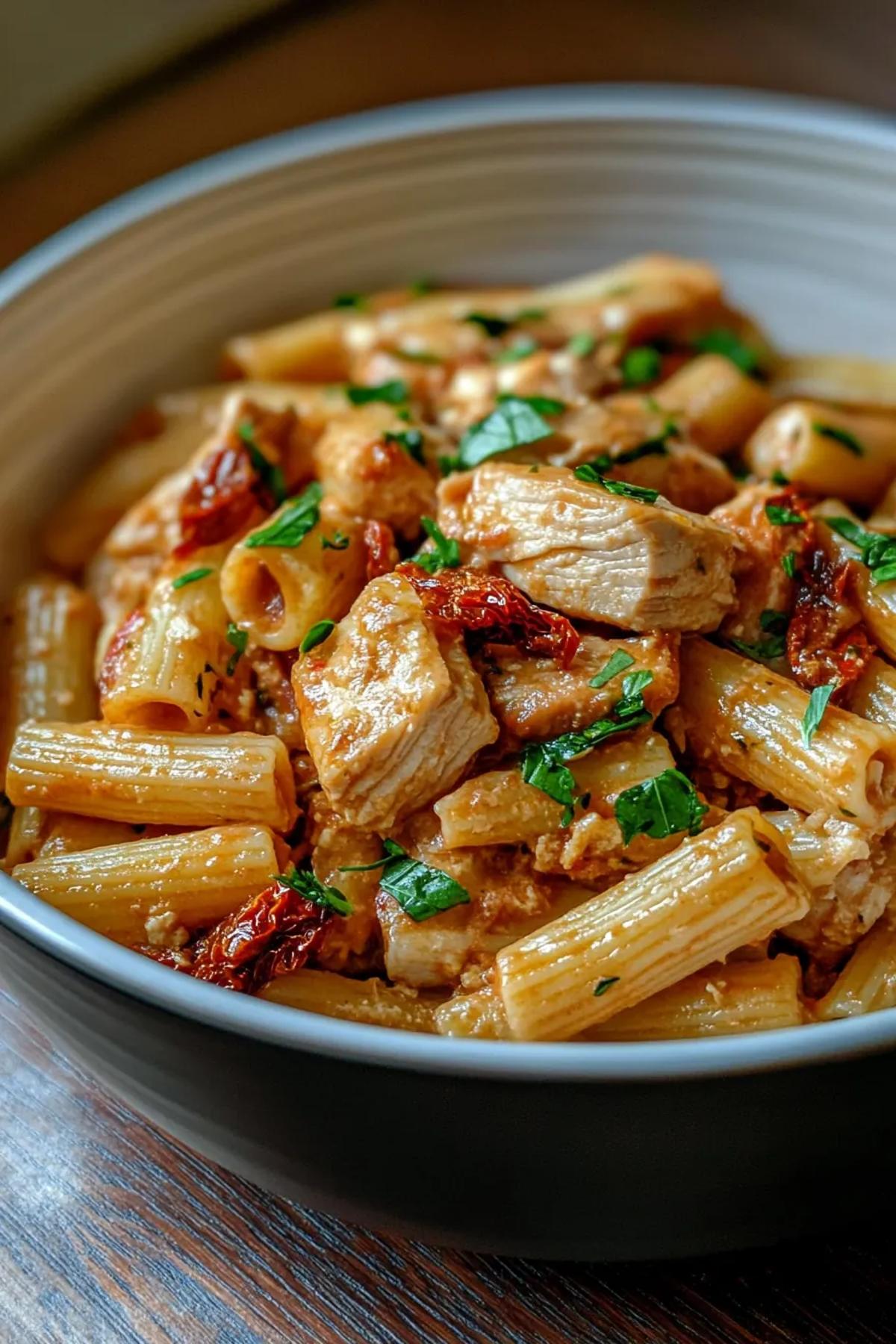 One-pot turkey pasta with sun-dried tomatoes served in a rustic blue ceramic bowl, garnished with fresh basil. card