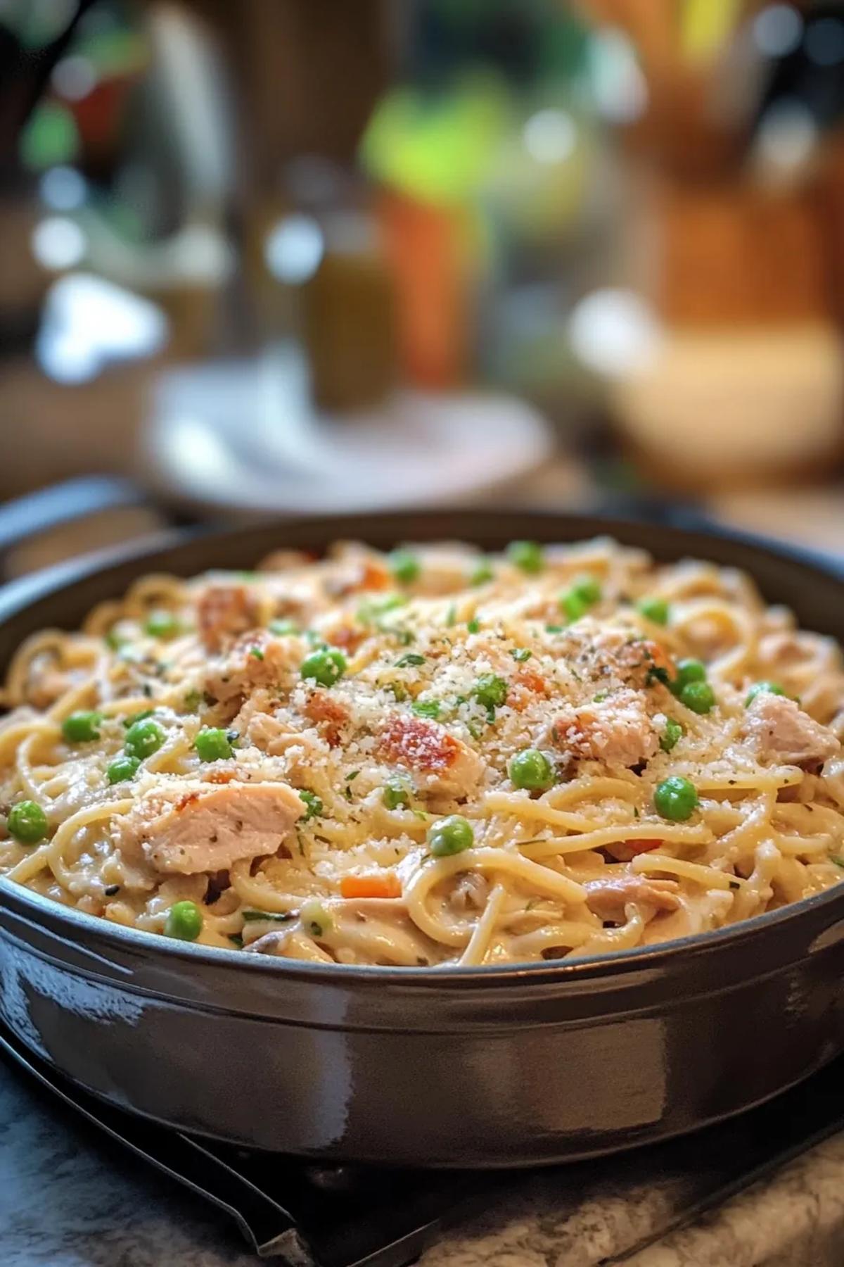 Creamy one-pot turkey tetrazzini with mushrooms and golden breadcrumbs. card