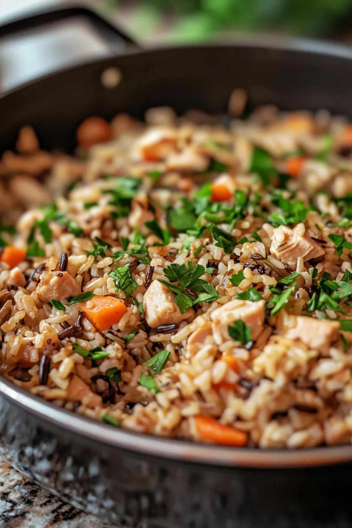 A steaming pot of turkey and wild rice with vibrant herbs in a rustic kitchen setting. card