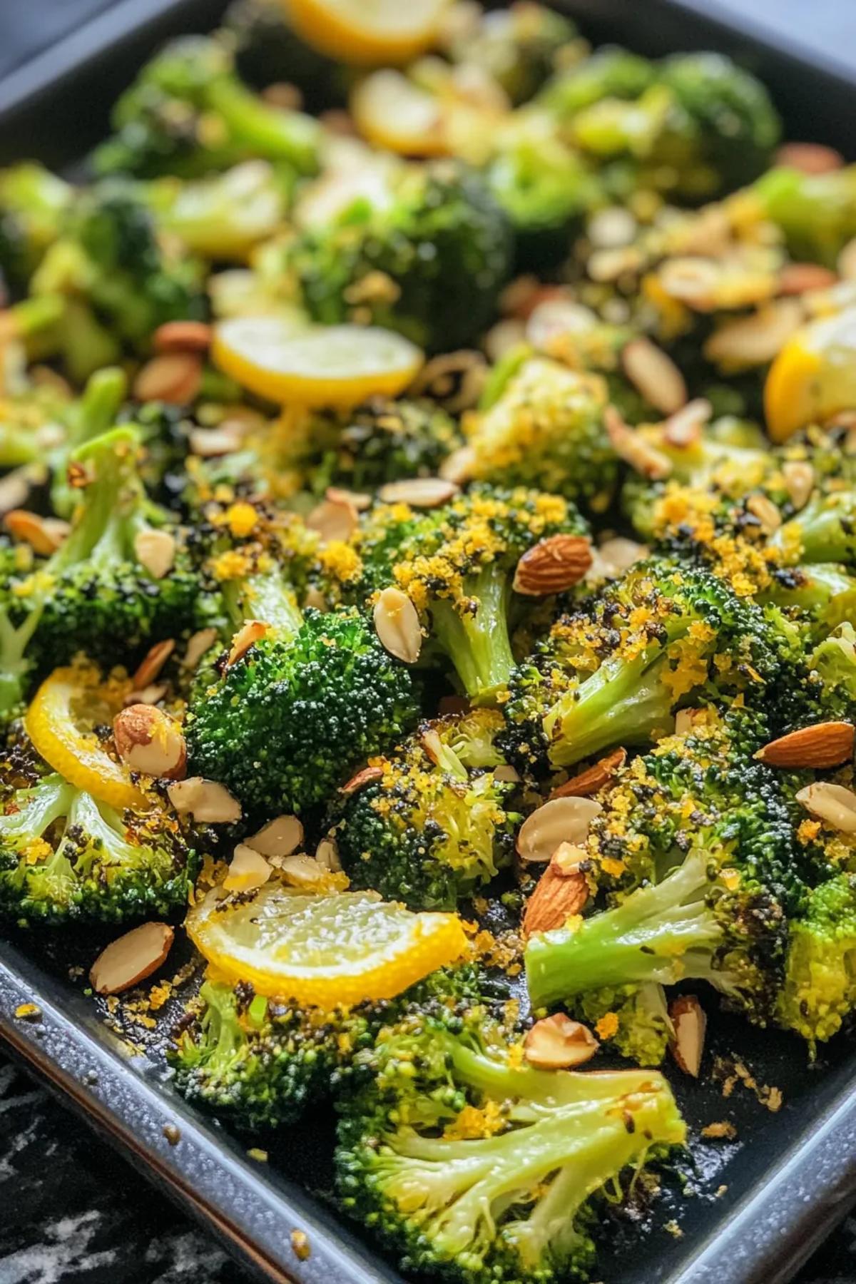 Golden-brown oven-roasted broccoli florets with toasted almonds and lemon zest in a rustic ceramic dish. card