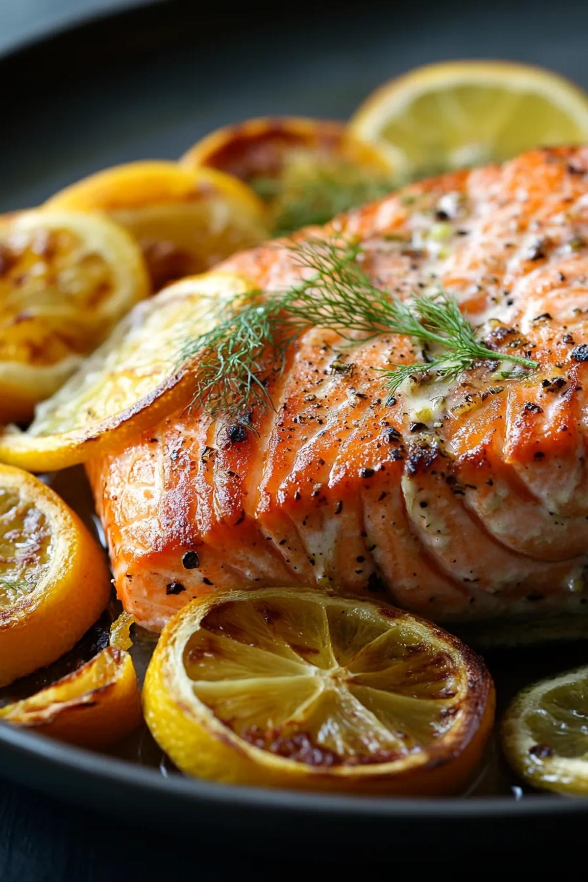 Oven-roasted salmon with citrus slices and fennel fronds on a baking sheet. card