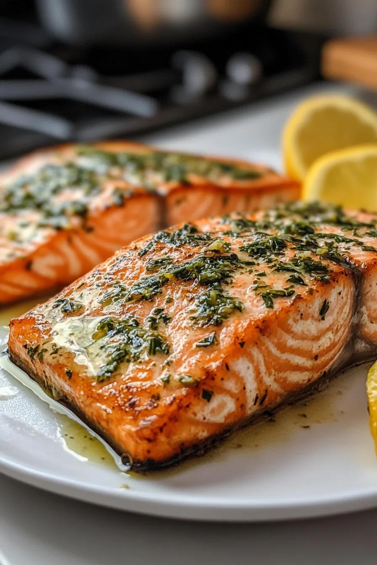 Pan-seared salmon fillet topped with melting citrus herb butter and garnished with fresh herbs. card