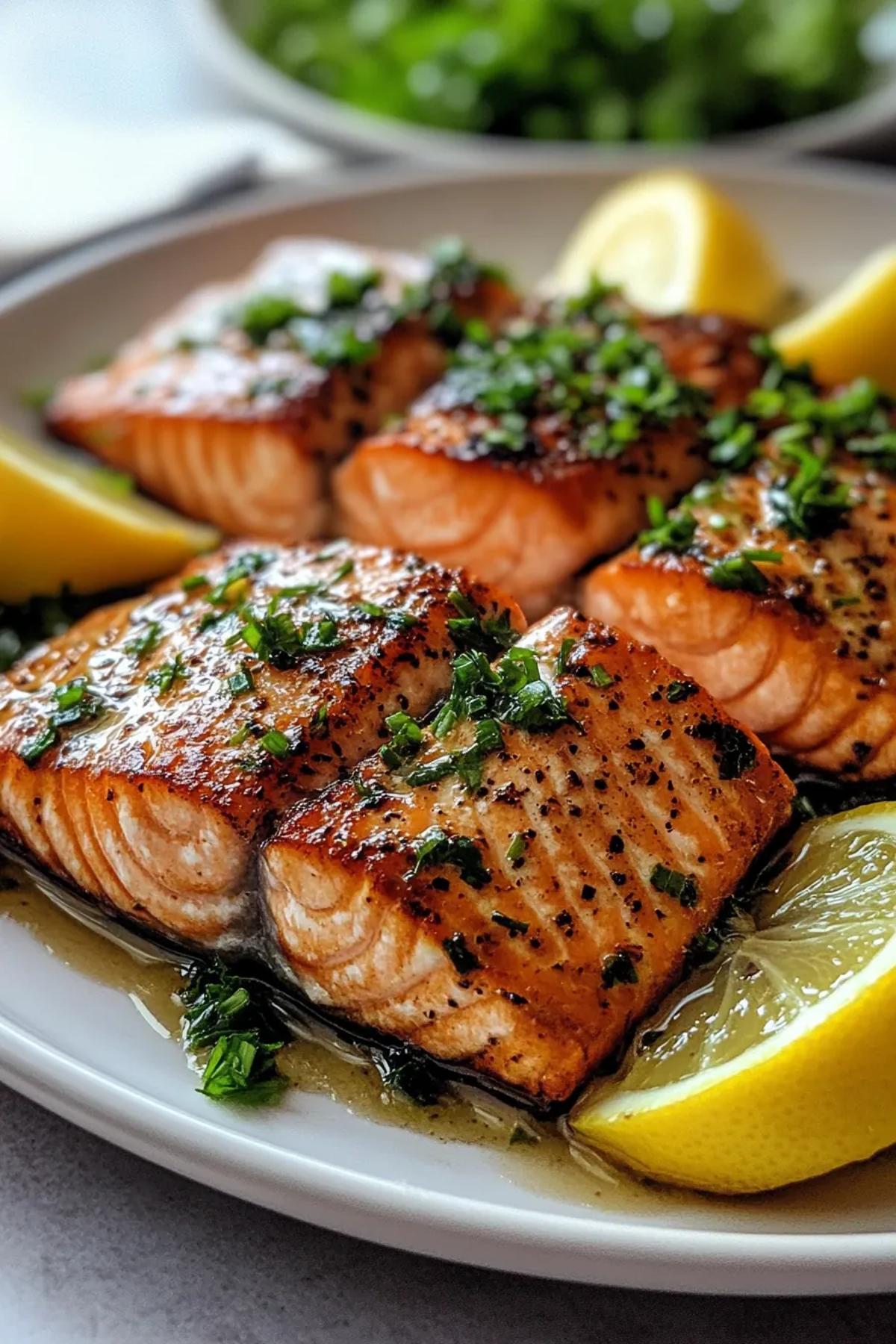 Golden-crusted salmon fillet topped with melting lemon herb butter, garnished with fresh parsley. card