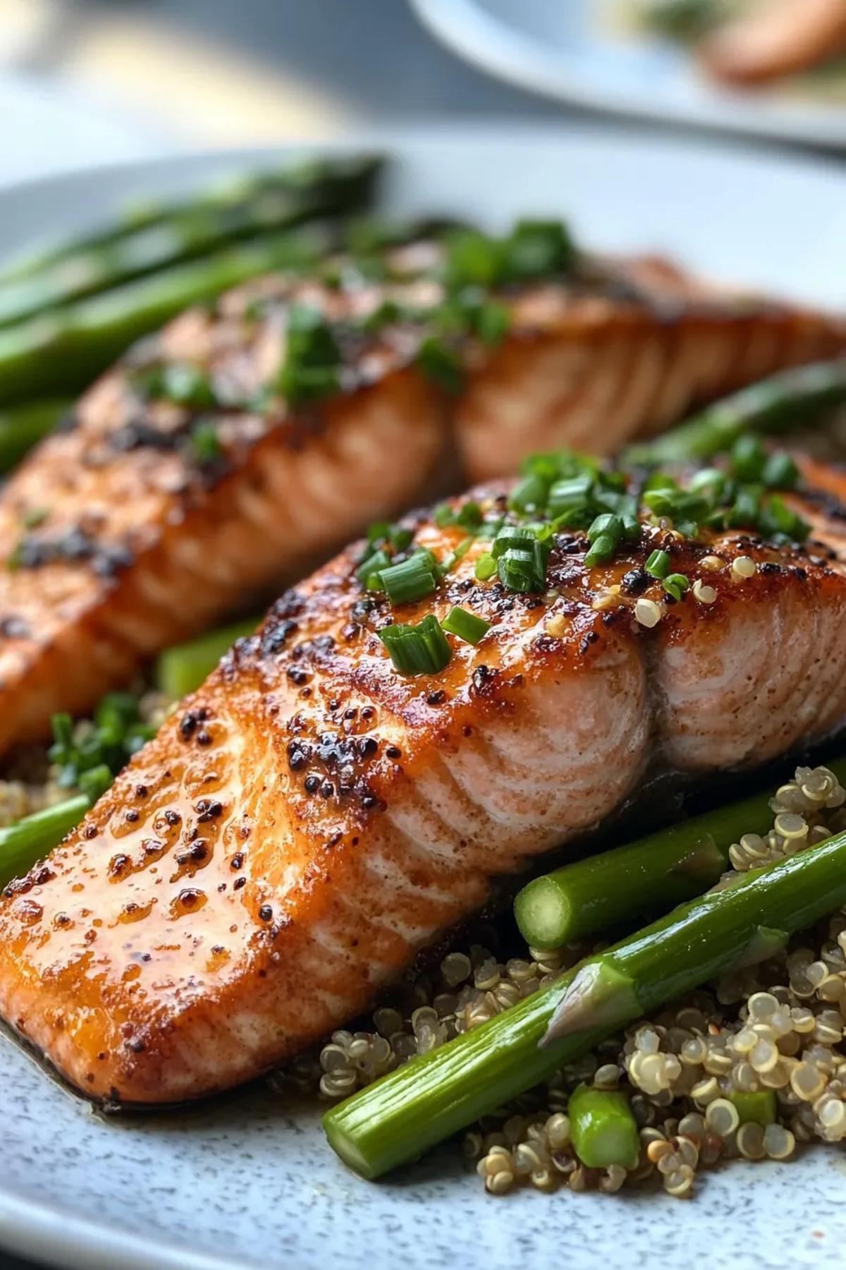 Pan-seared salmon fillet on a bed of fluffy quinoa, garnished with vibrant green asparagus spears. card