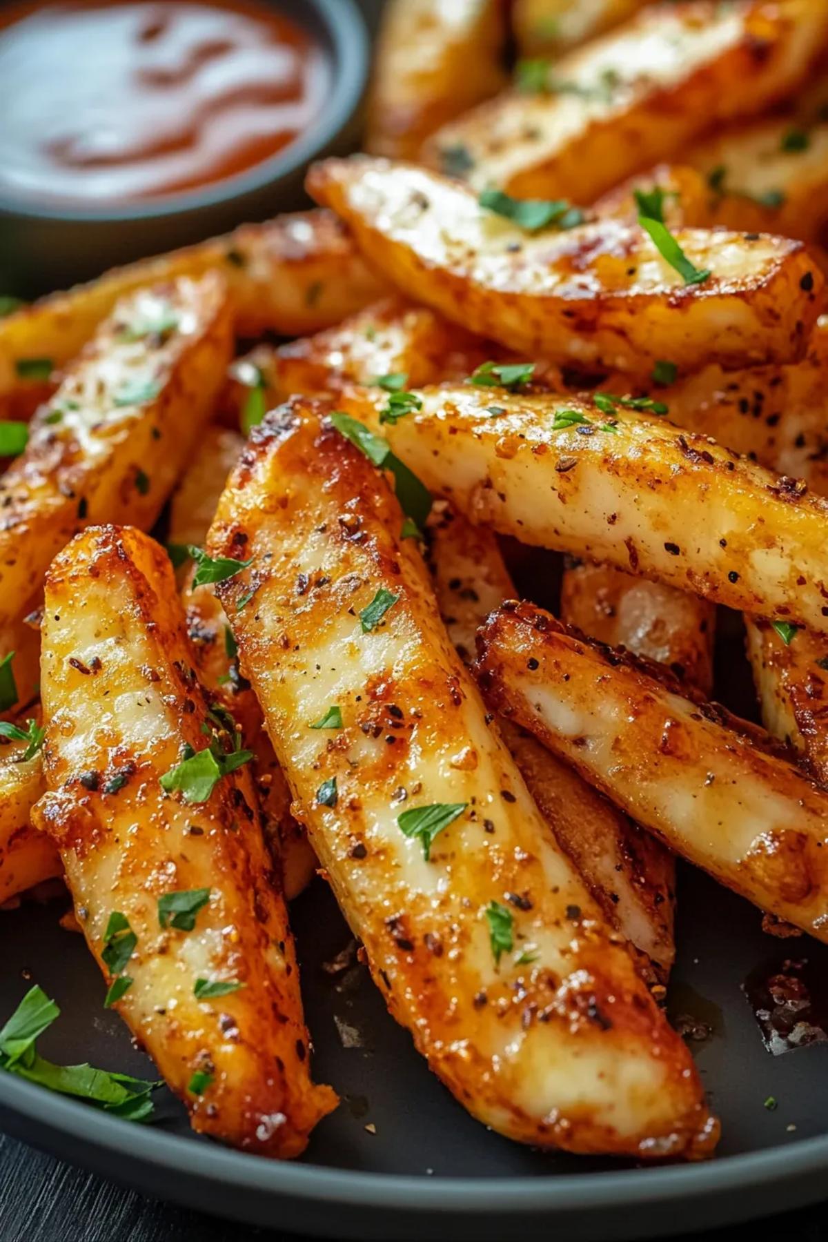 Golden air fryer halloumi cheese fries arranged on a rustic wooden board, accompanied by a vibrant green herb dip and garnished with freshly chopped parsley and lemon wedges. card