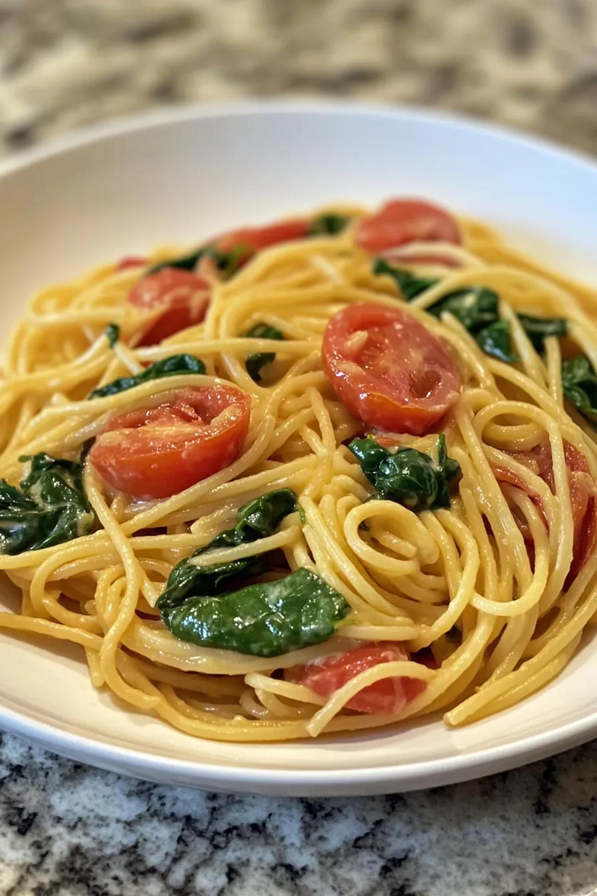 Delicious creamy spinach and tomato pasta in a white bowl, garnished with fresh basil. card