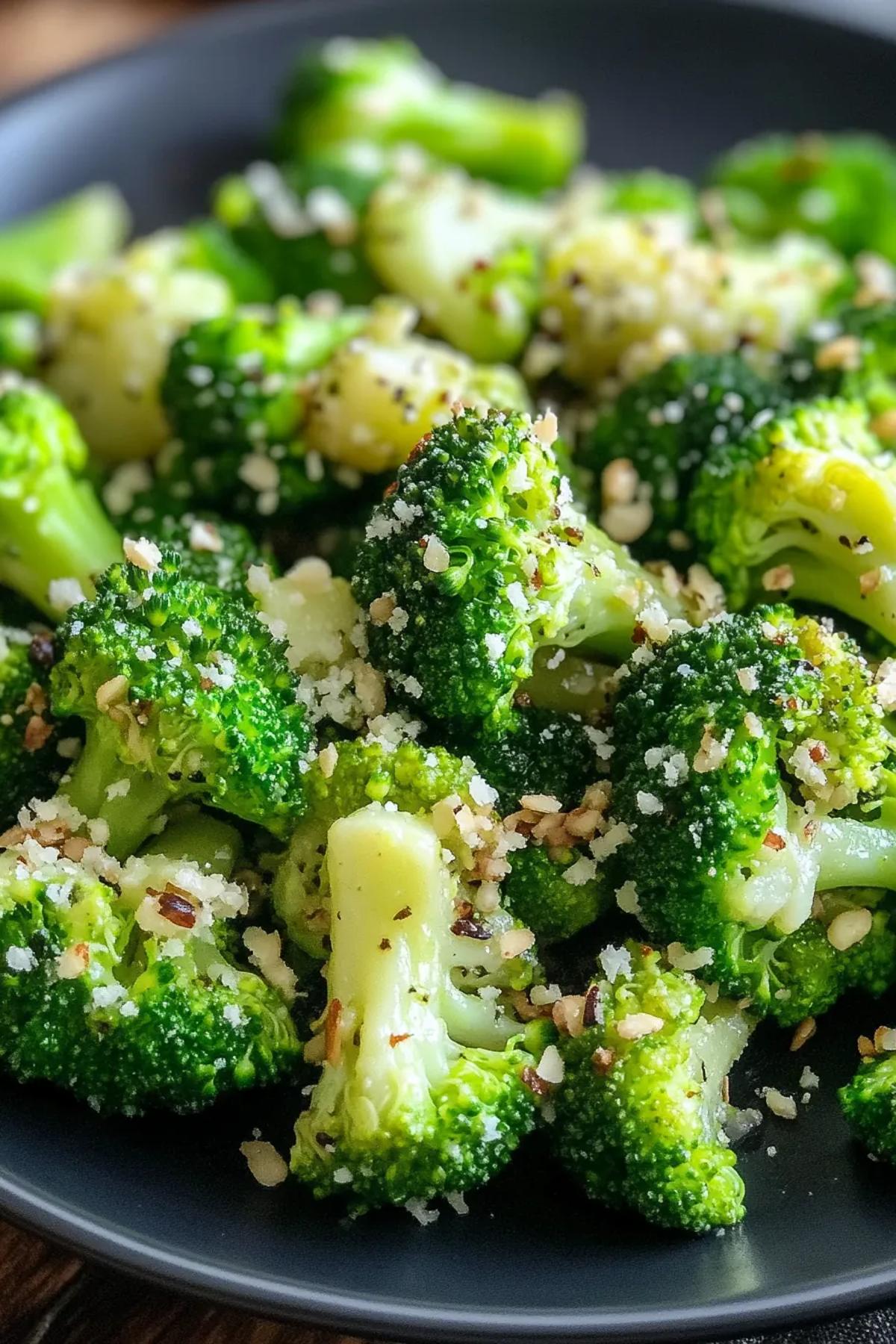 Steamed broccoli topped with toasted almonds and lemon zest in a white serving dish. card