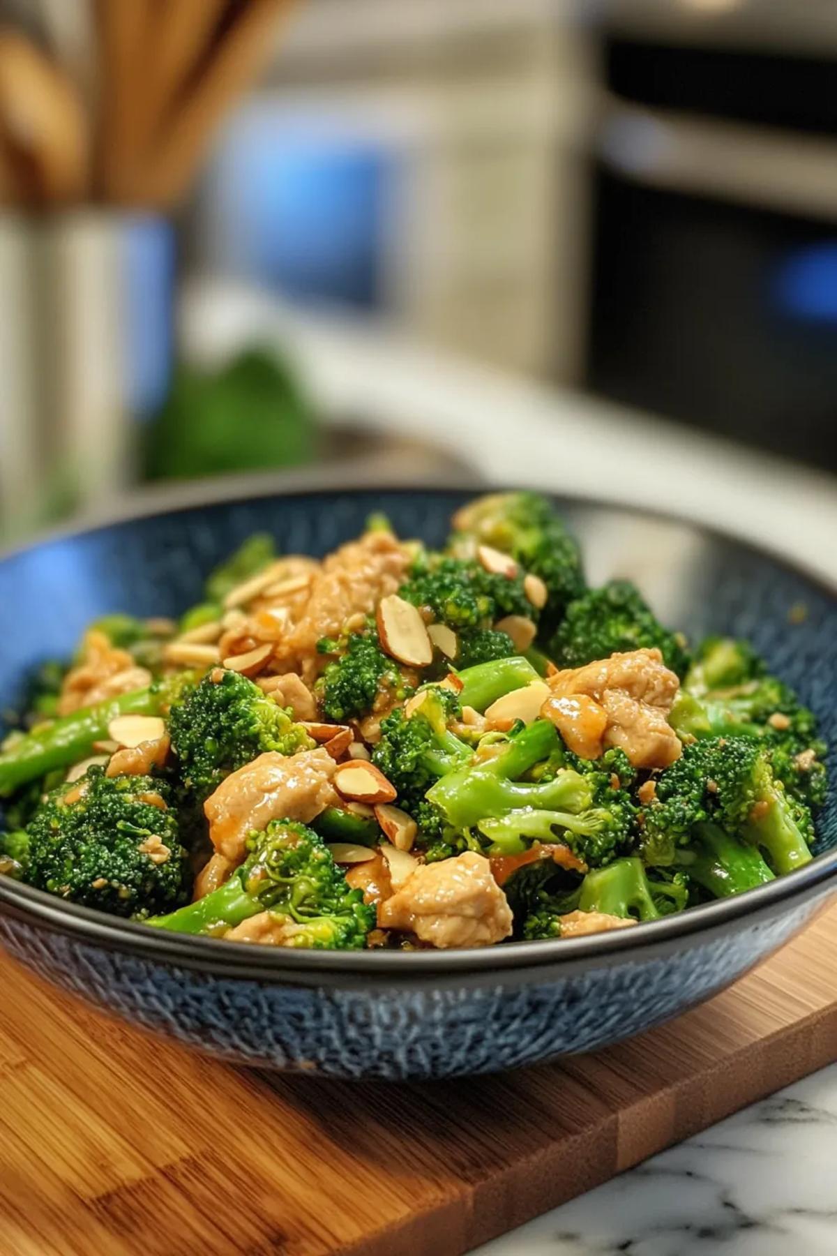Vibrant green broccoli stir-fry with toasted almonds in a white dish card