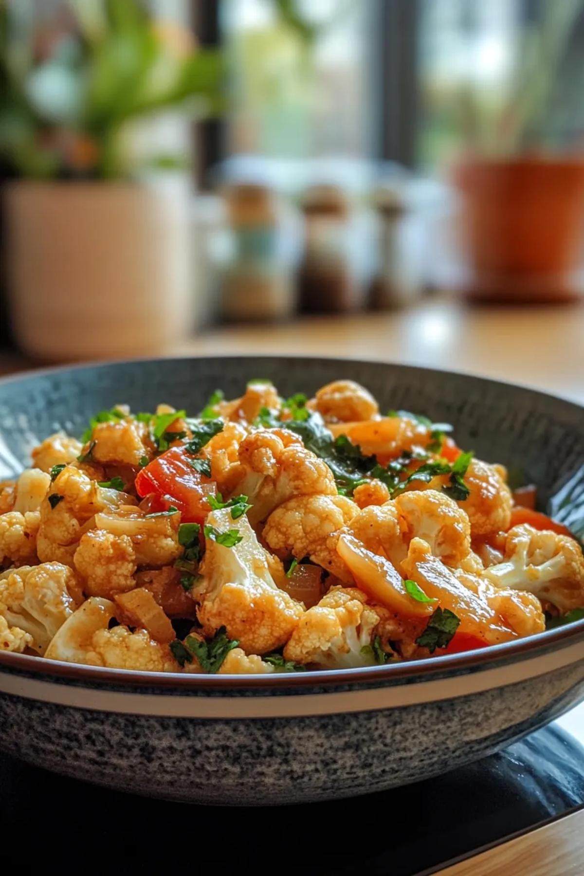 Vibrant cauliflower stir-fry with colorful vegetables in a wok. card