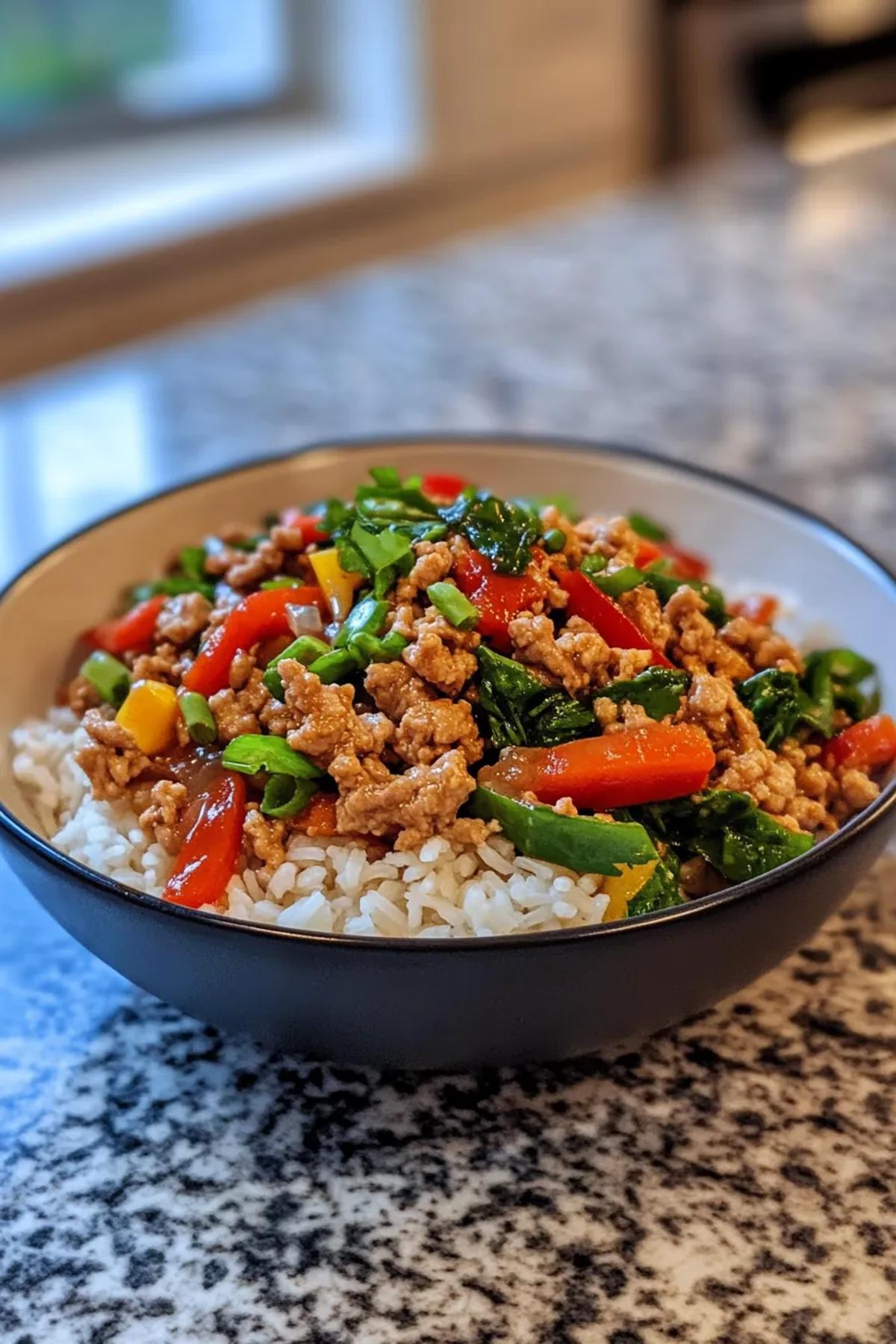Colorful stir-fry with ground turkey, vibrant bell peppers, and a glossy sauce in a wok. card