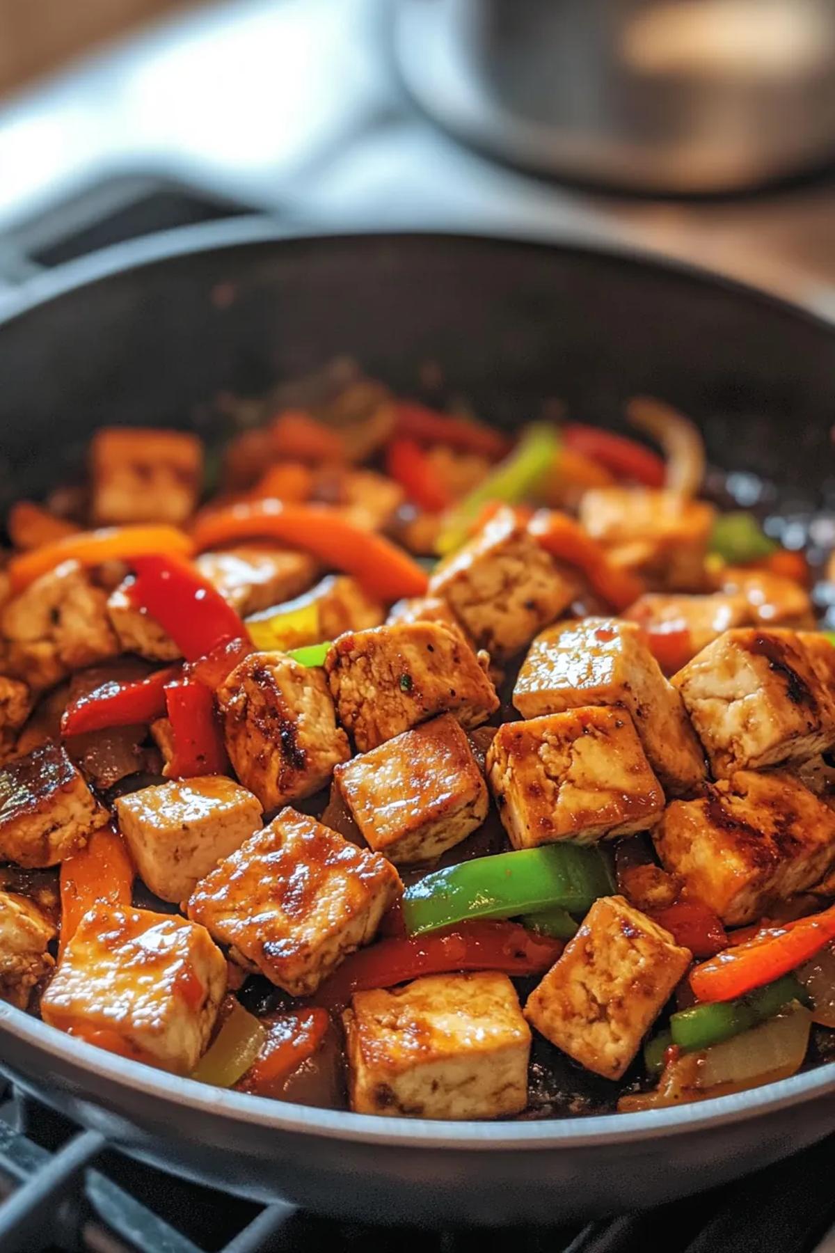 Easy high protein.tofu recipes featuring a vibrant tofu stir fry with colorful vegetables and a light soy glaze, served in a rustic bowl. card