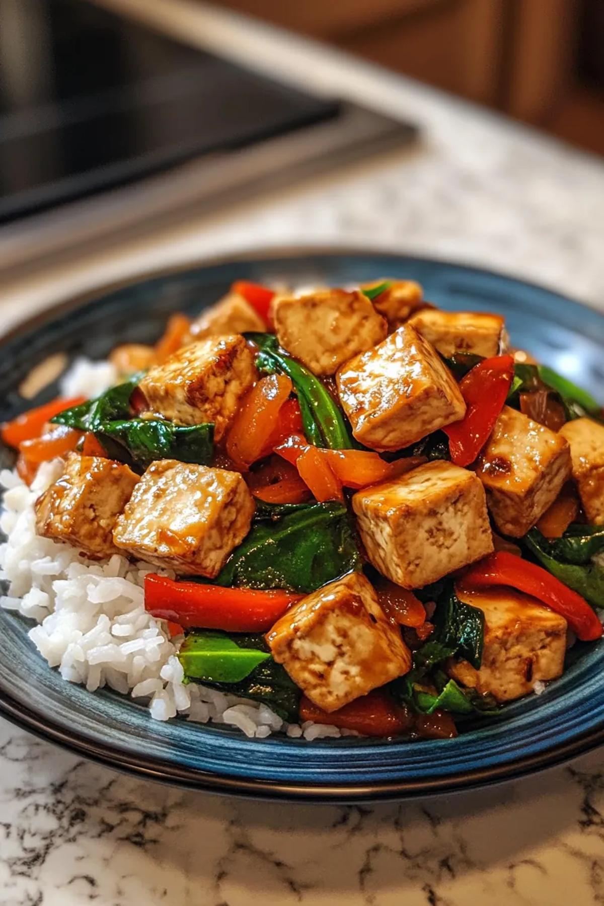 Easy high protein.tofu recipes featuring a vibrant tofu stir fry with colorful vegetables and a light soy glaze, served in a rustic bowl.