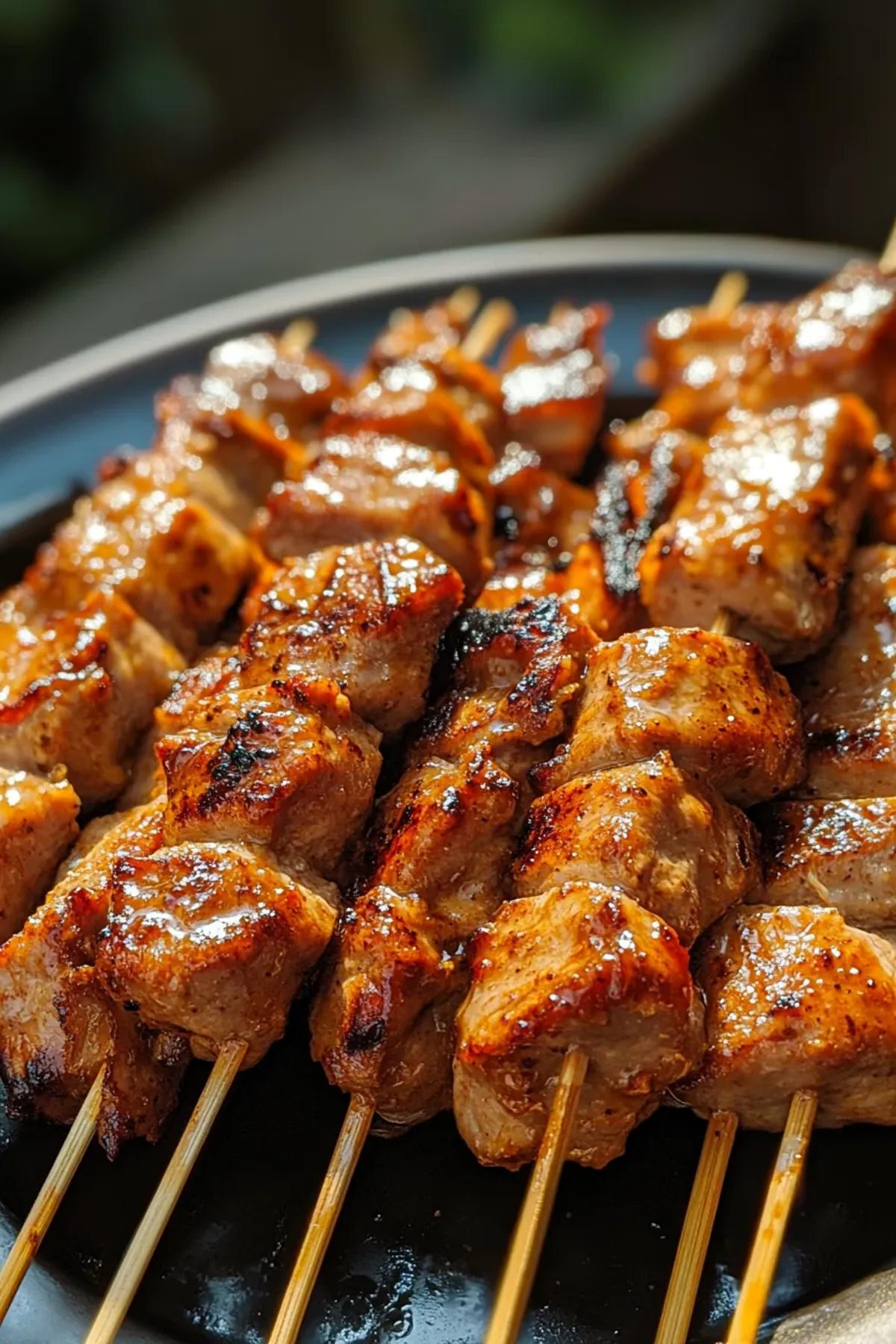 Juicy honey mustard pork skewers with vibrant vegetables on a white platter. card