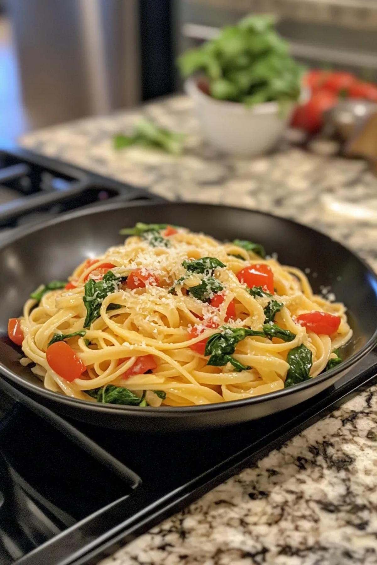A colorful bowl of pasta primavera with fresh vegetables card