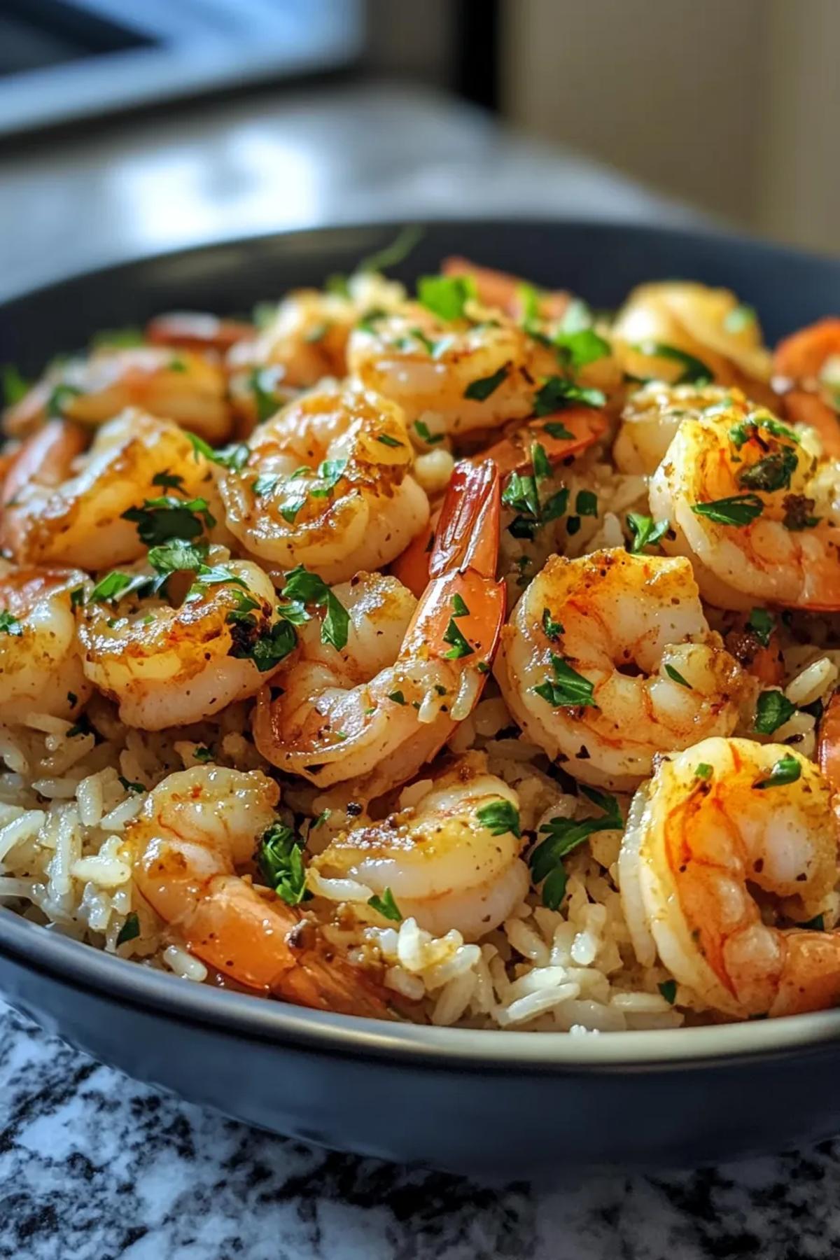 Deliciously cooked shrimp with fluffy rice and fresh herbs on a plate. card