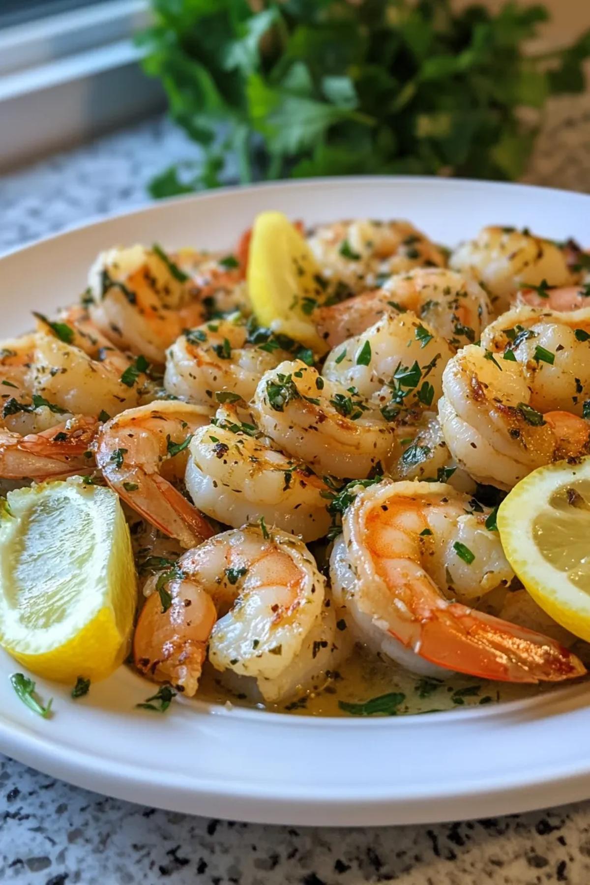 Sizzling shrimp scampi with lemon slices and fresh herbs in a cast iron skillet. card