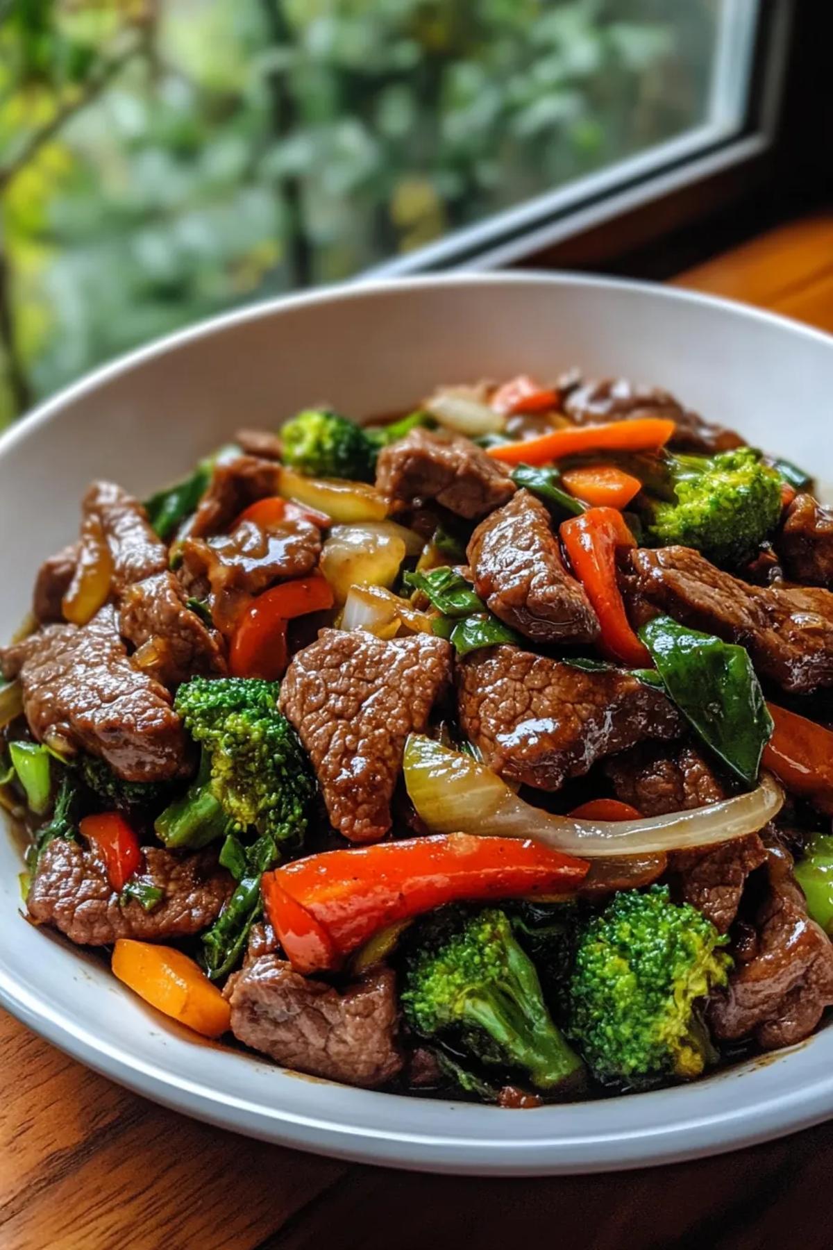 Colorful beef stir-fry with broccoli, bell peppers, and carrots in a sizzling pan. card