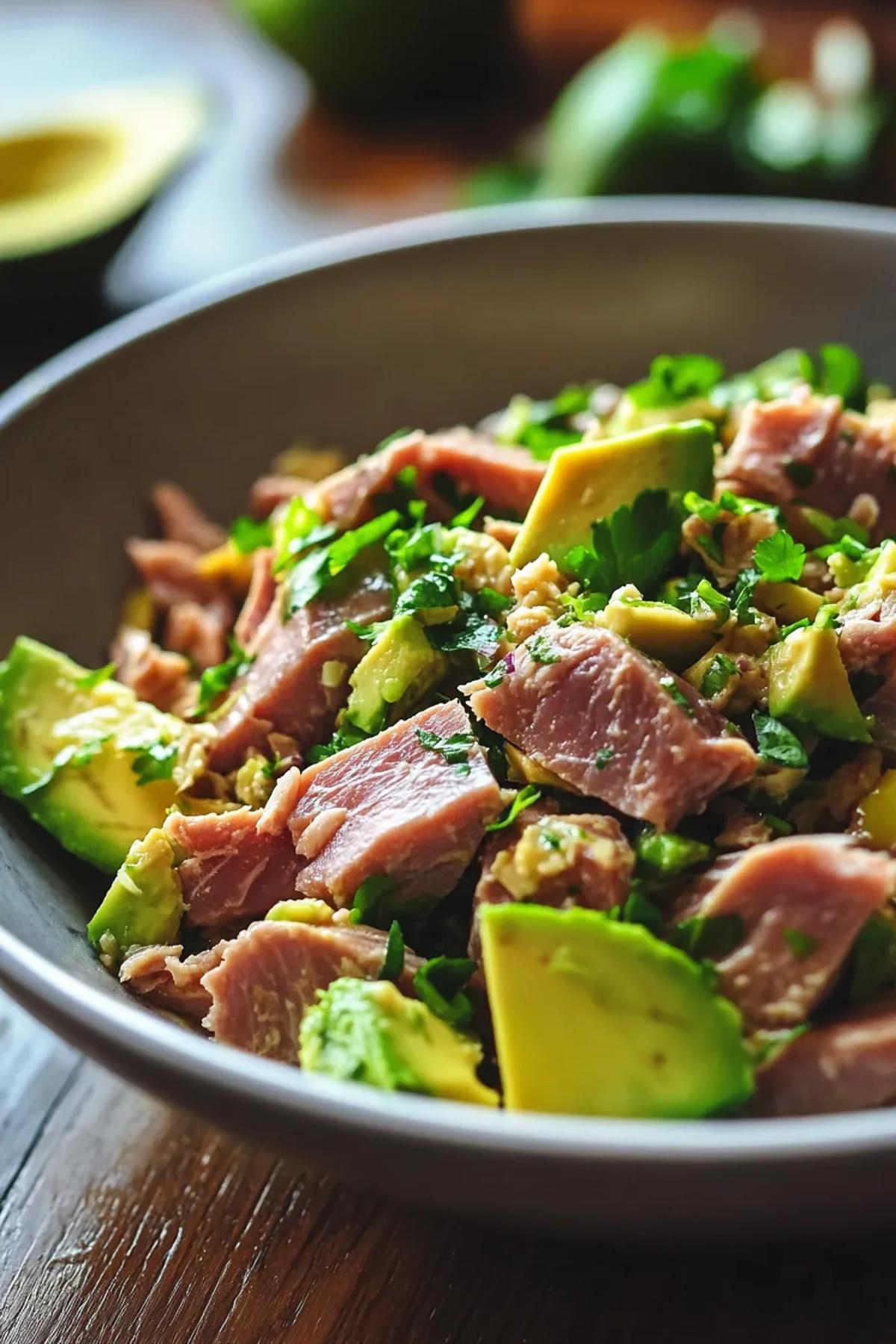 A vibrant bowl of tuna salad with chunks of avocado and a lime wedge on top. card