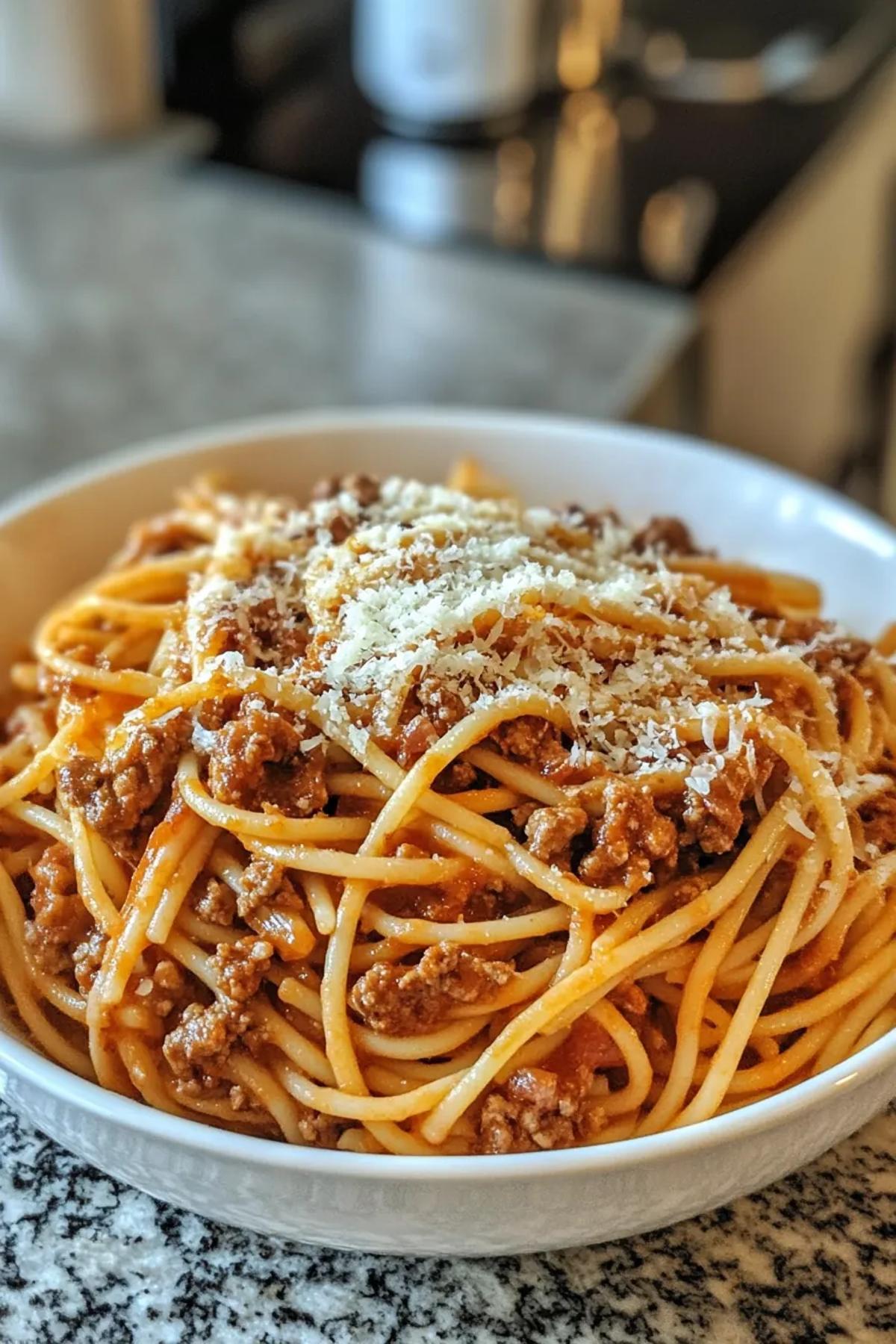 A steaming bowl of pasta with ground beef, tomatoes, and basil, garnished with Parmesan cheese. card