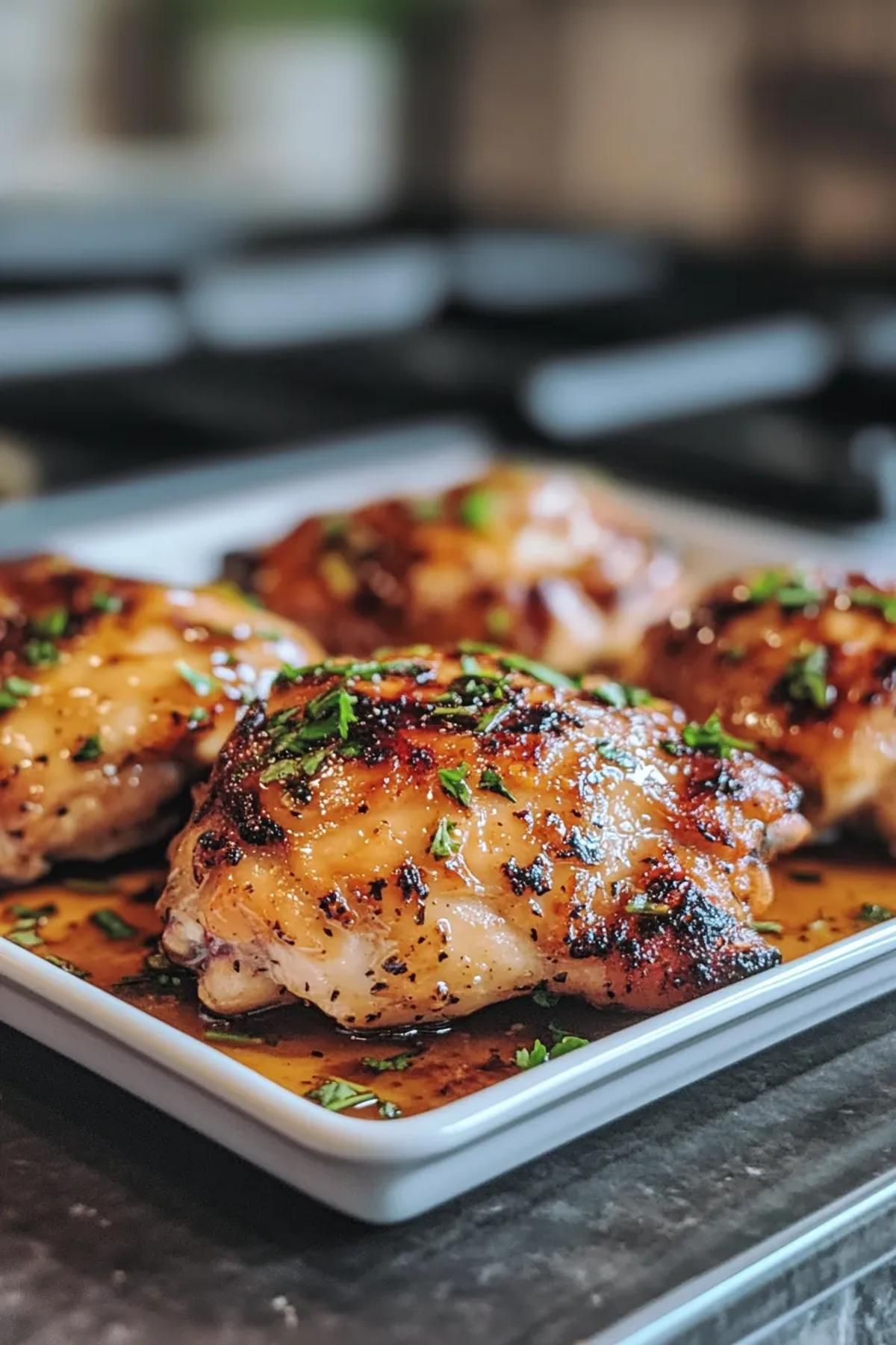 Golden brown chicken thighs glazed with honey mustard sauce, garnished with fresh herbs, served on a white platter. card