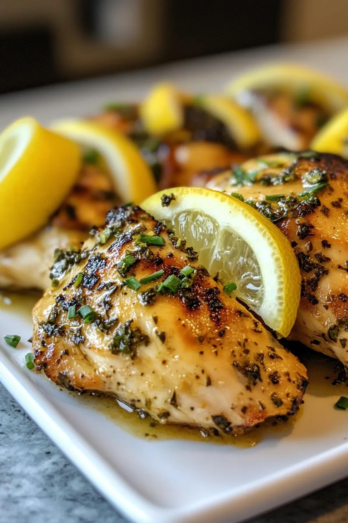 Sliced lemon herb chicken breasts with a side of roasted vegetables in a meal prep container. card