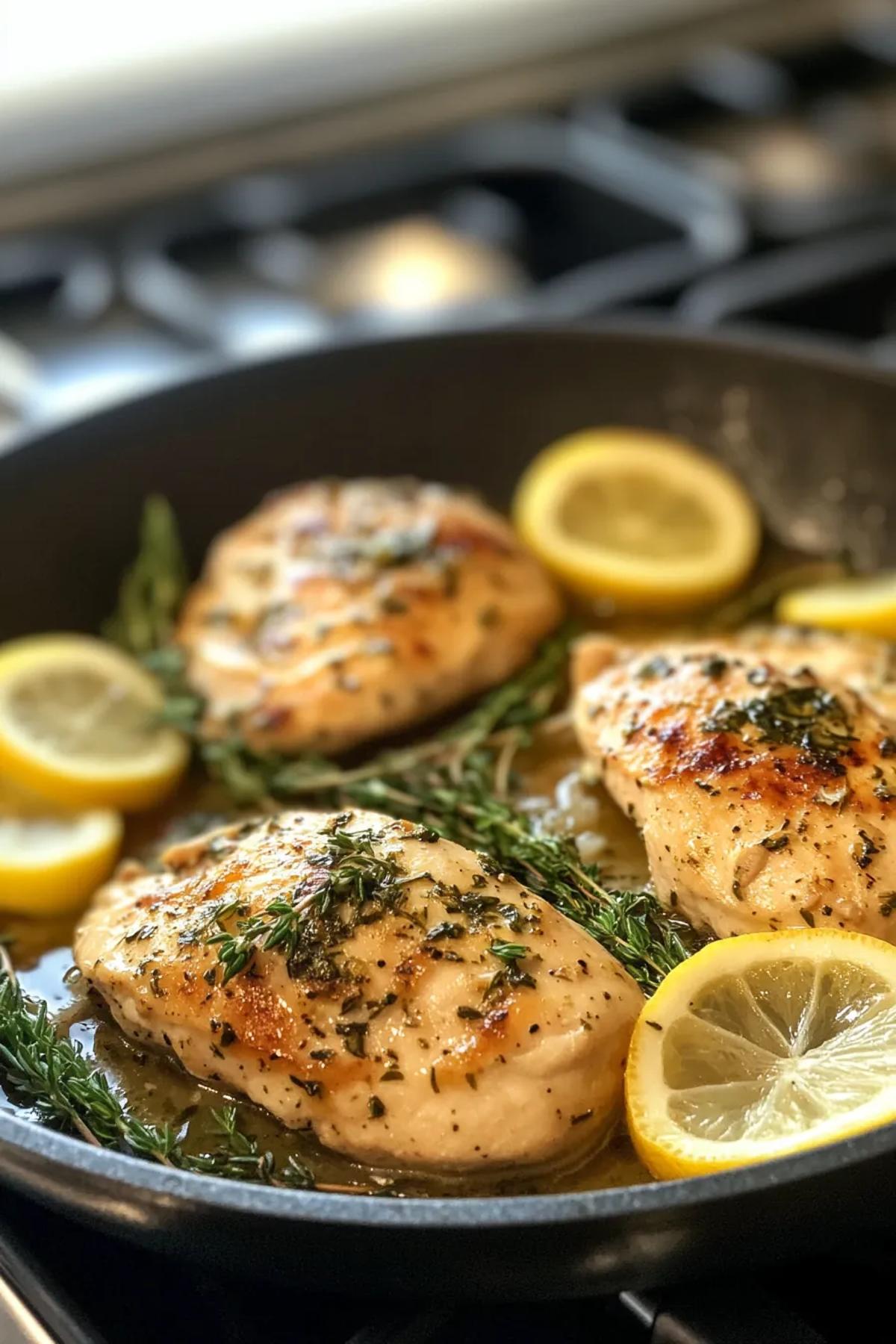 Quick chicken meals in a skillet with lemon and herbs sizzling on a stovetop. card