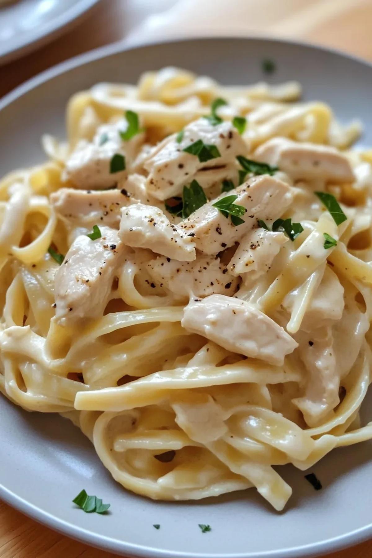Creamy chicken Alfredo pasta garnished with fresh parsley in a rustic ceramic dish. card