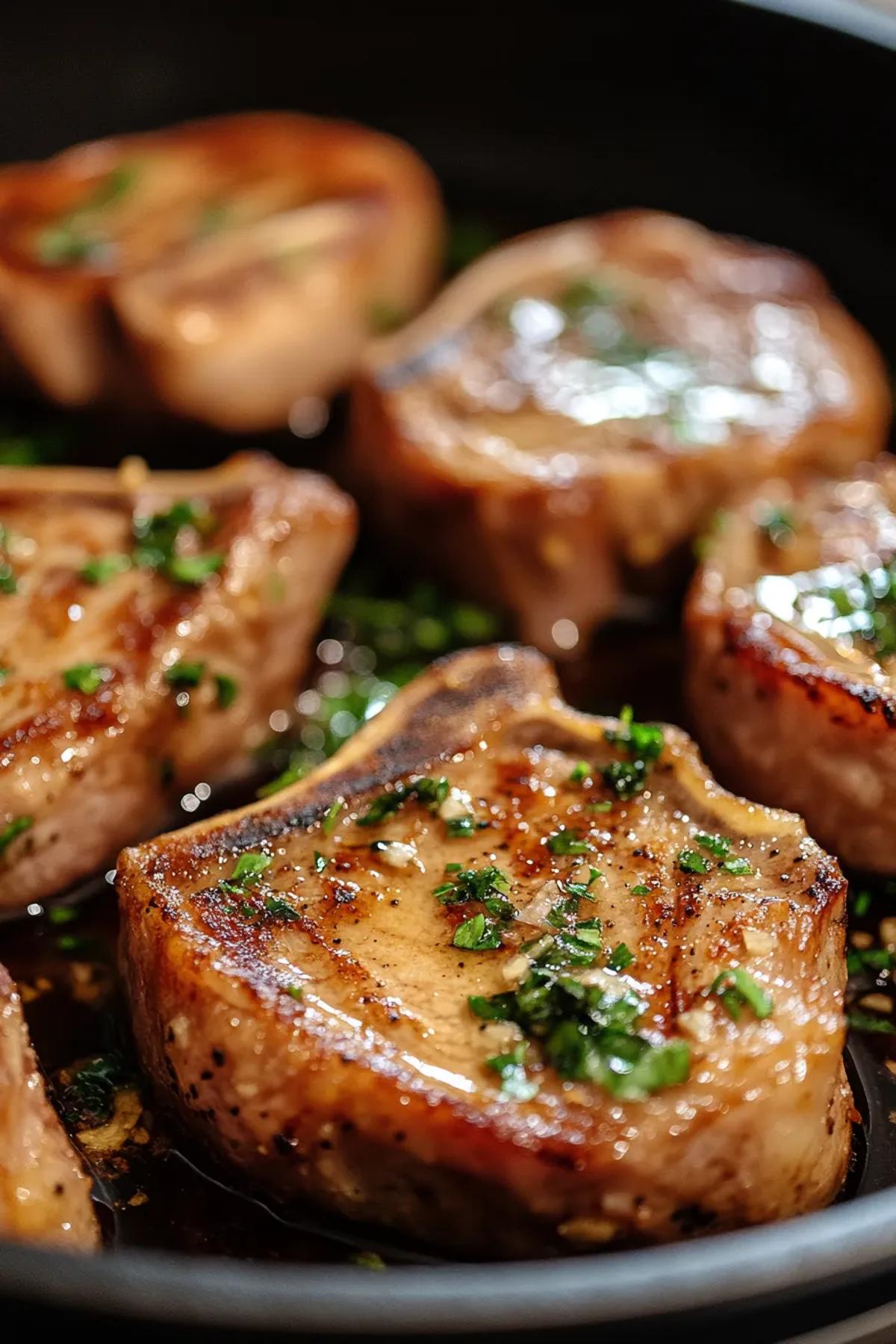 Juicy garlic pork chops garnished with fresh herbs and a side of roasted vegetables. card