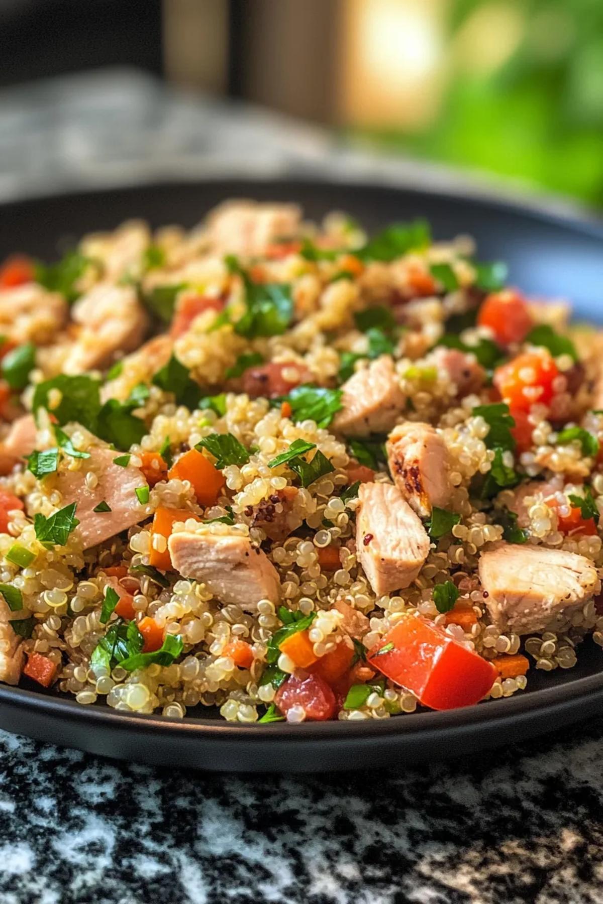 A vibrant bowl of turkey quinoa medley with colorful vegetables and a sprinkle of fresh herbs. card