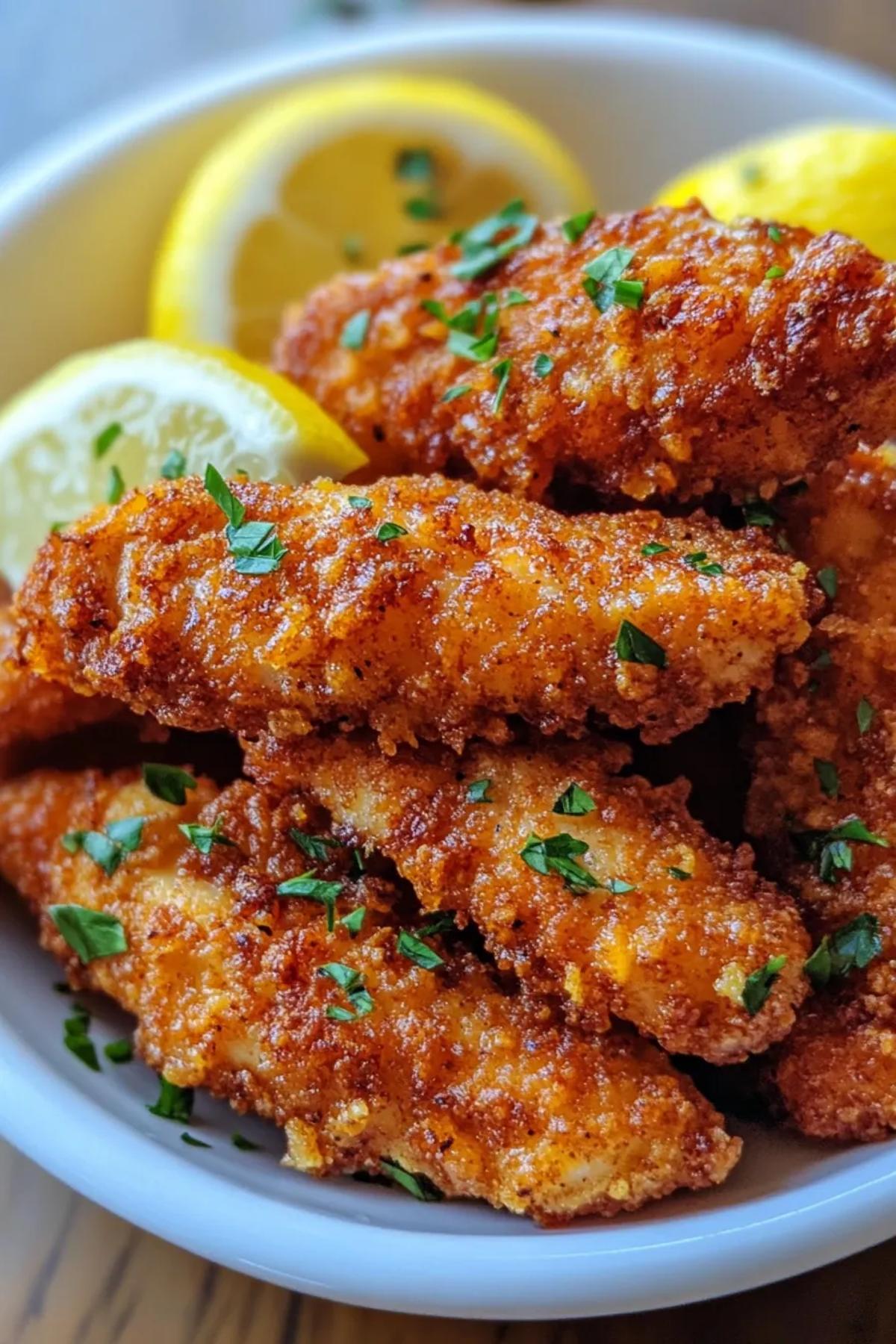 Golden brown lemon chicken tenders garnished with fresh parsley, served with a side of dipping sauce. card
