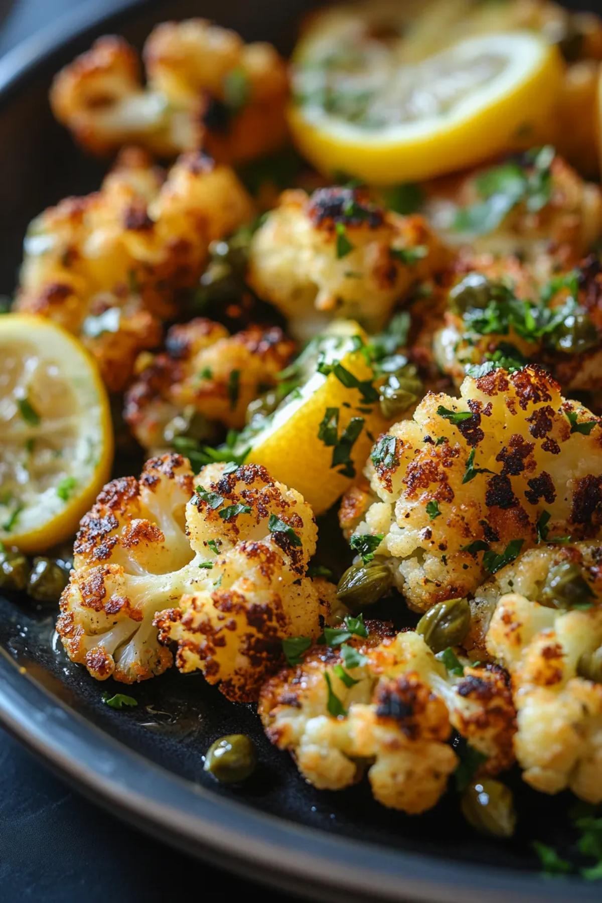 Golden roasted cauliflower florets with lemon and capers on a rustic platter. card