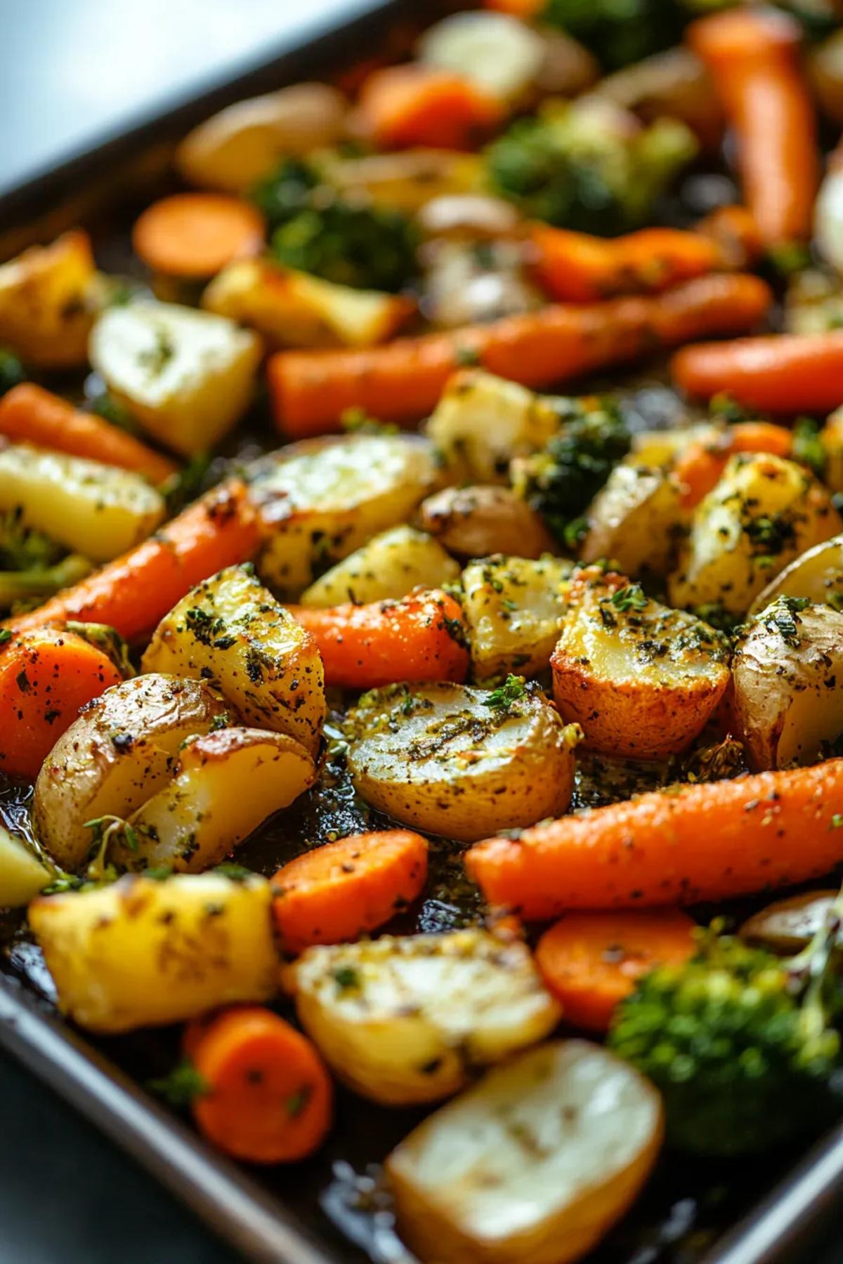 A colorful sheet pan filled with roasted broccoli, carrots, and potatoes, drizzled with olive oil and garnished with fresh herbs, showcasing vibrant seasonal ingredients. card