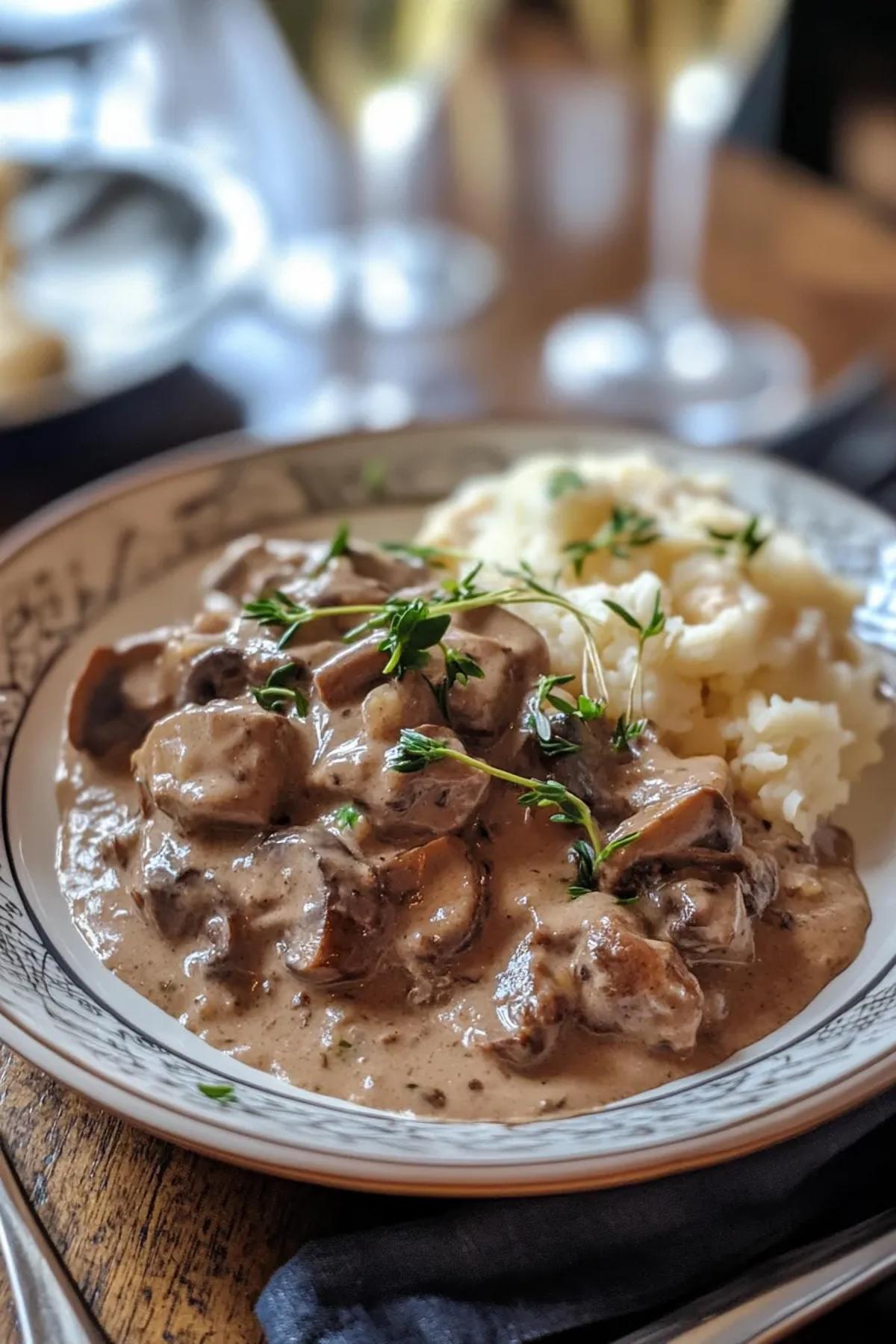 Beef and mushroom stroganoff garnished with fresh parsley served in a rustic bowl. card