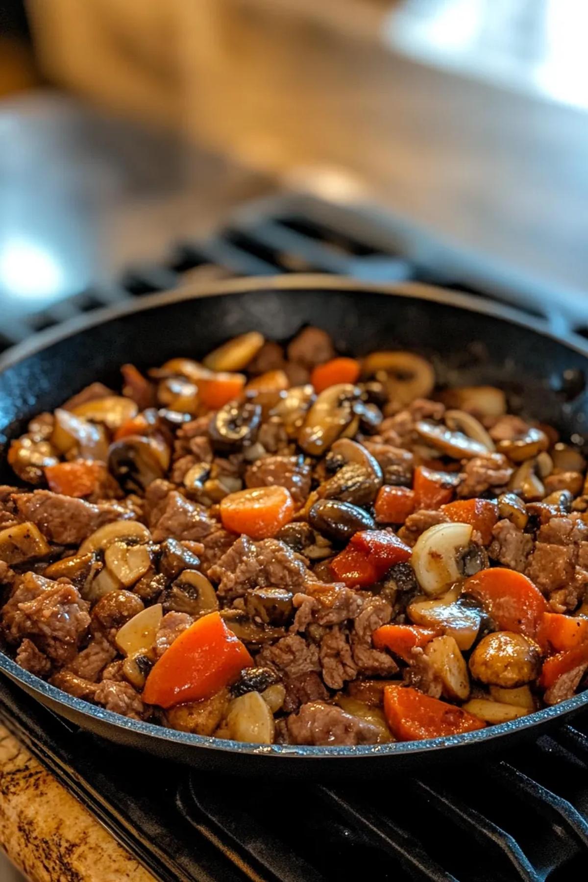 Savory beef and wild mushroom skillet in a cast iron pan with fresh thyme. card
