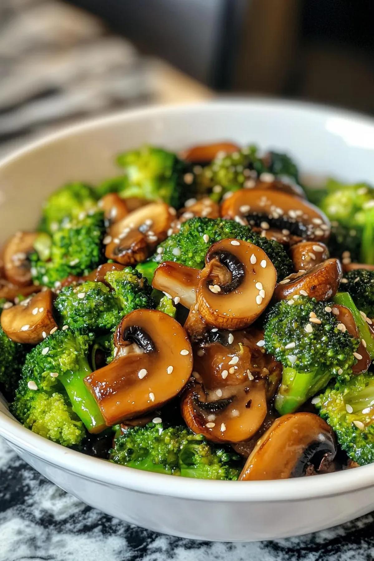 A vibrant stir-fry of broccoli and mushrooms glistening in a soy-ginger glaze. card