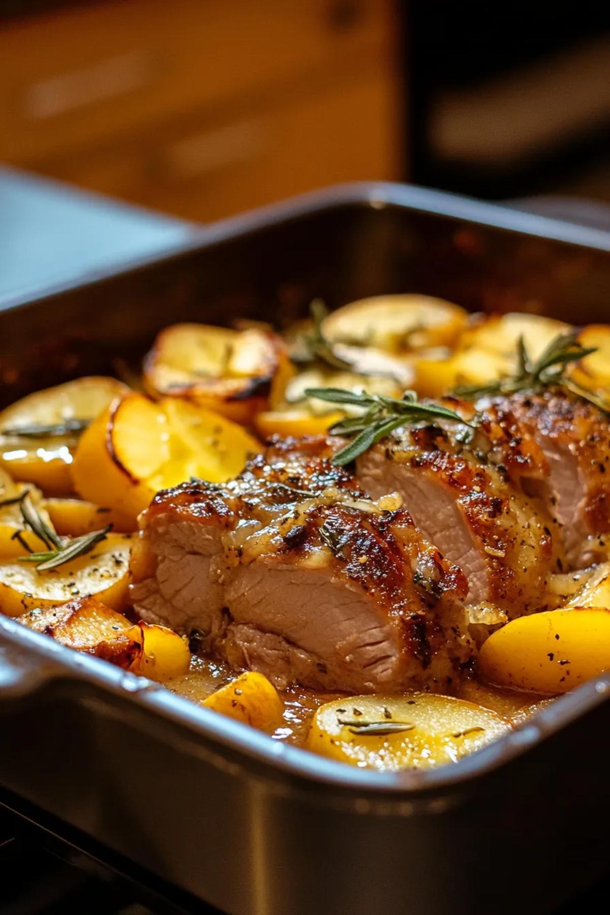 Tender pork cooked with apples and sage in a crock pot. card