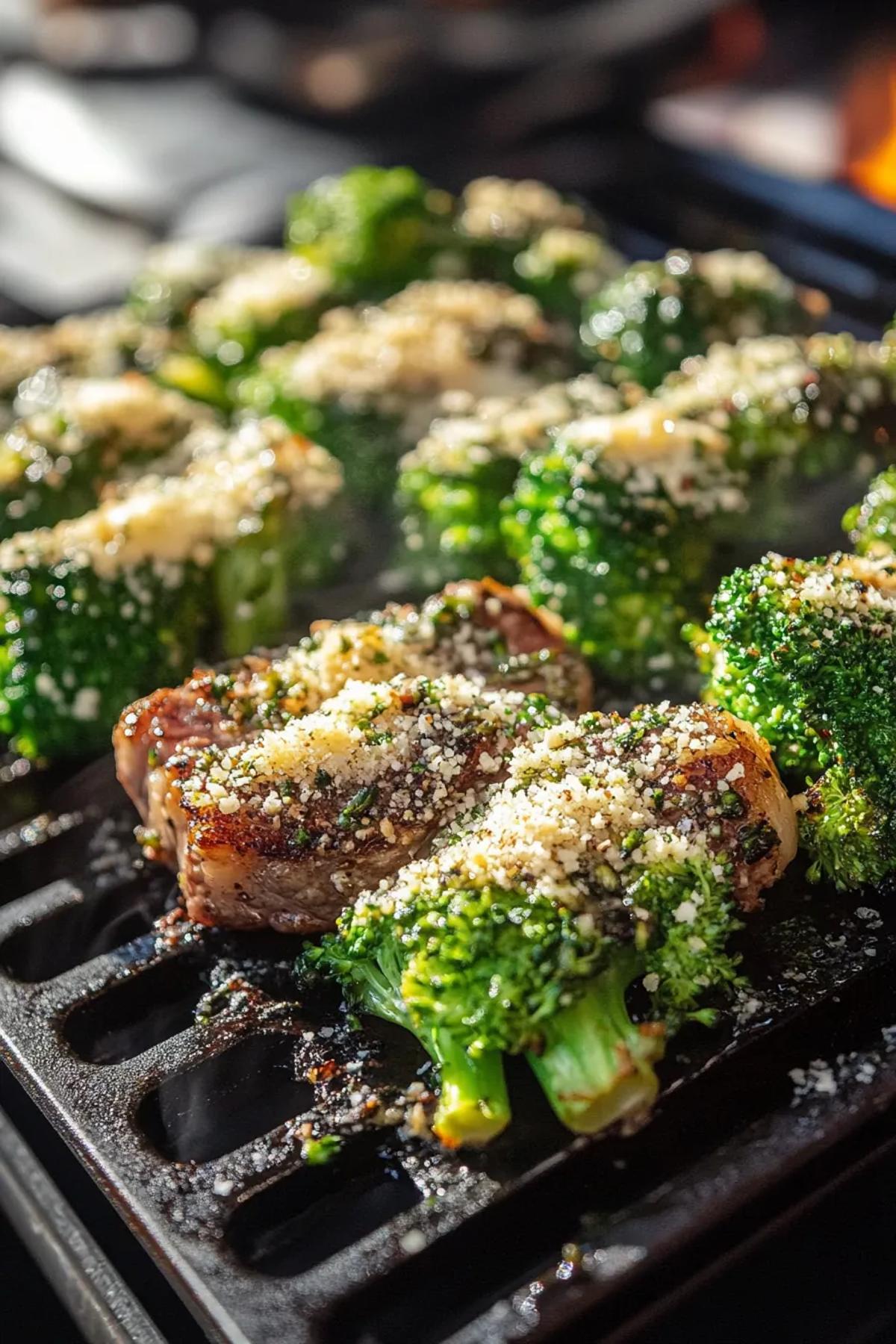Golden-brown roasted broccoli topped with garlic and Parmesan, served alongside a juicy steak. card