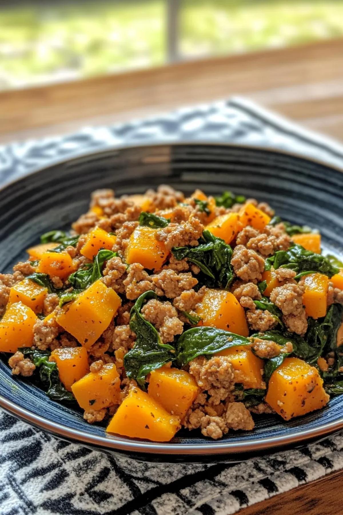 Savory ground turkey dinner with roasted butternut squash and sautéed spinach on a rustic plate. card