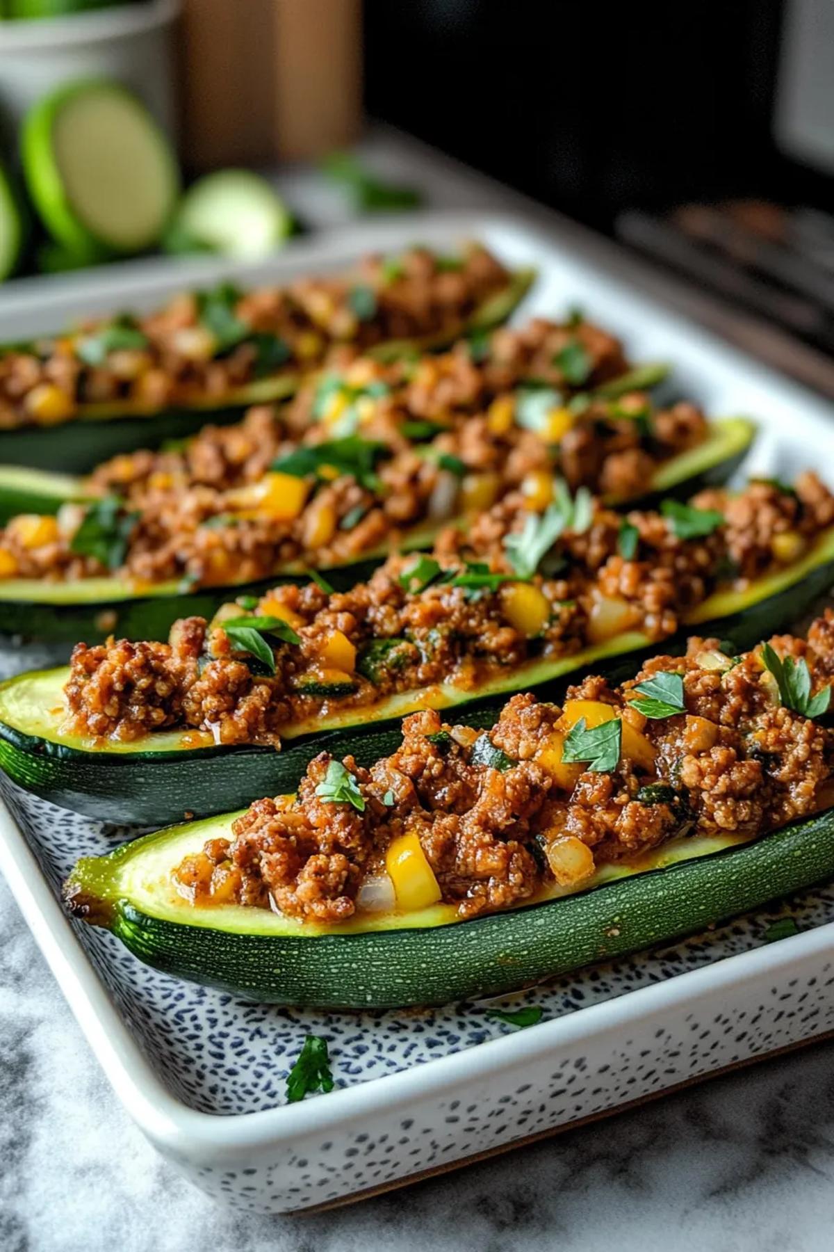 Delicious ground turkey zucchini boats with melted cheese and fresh herbs served on a white platter. card